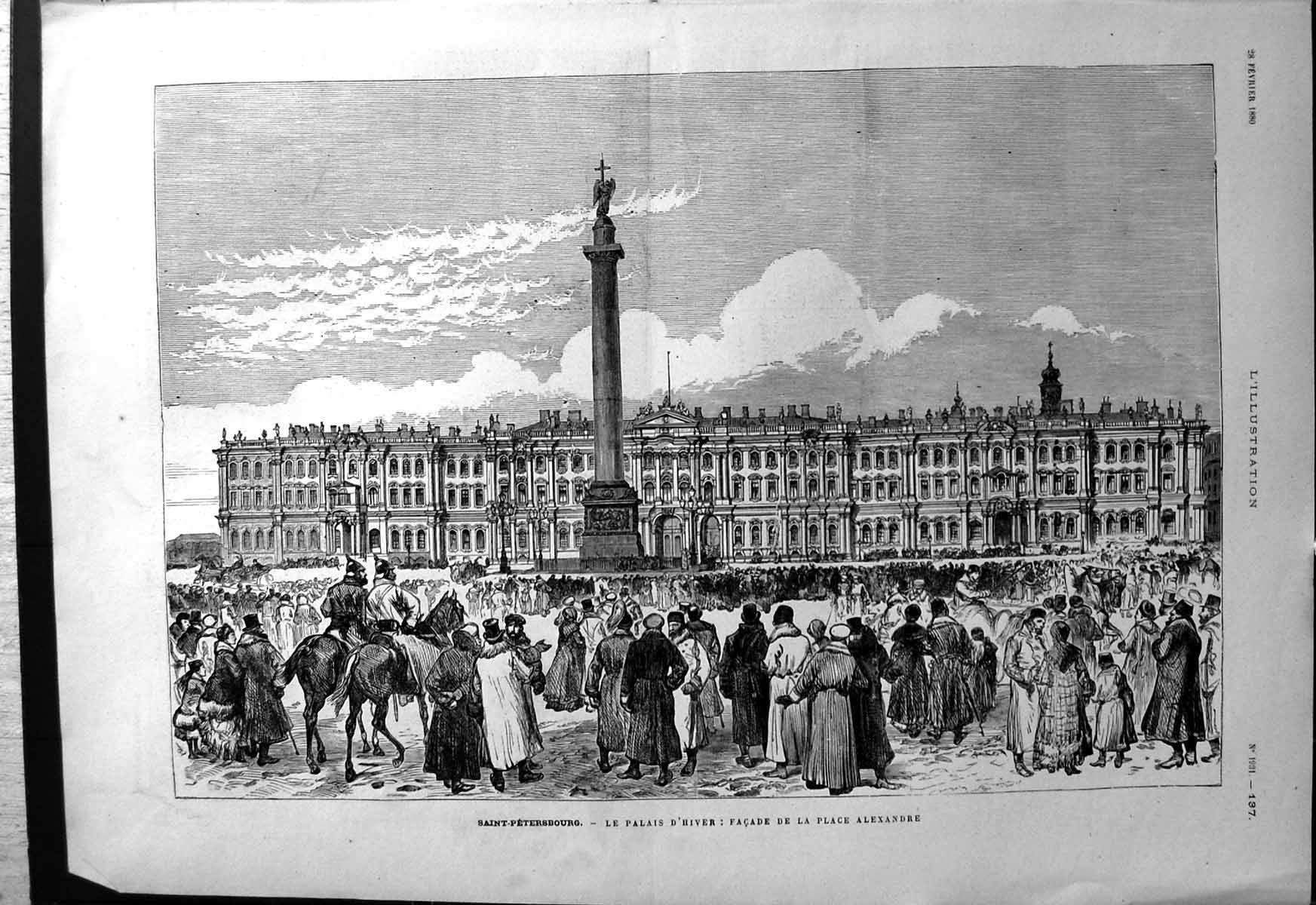 Antique Old Print Winter Palace Saint Petersbourg Alexandre Place Statue 1880