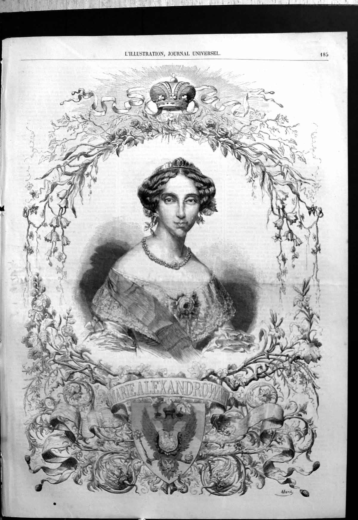 Old Print Marie Alexandrowna Portrait Encircled Flowers Foliage Heraldry