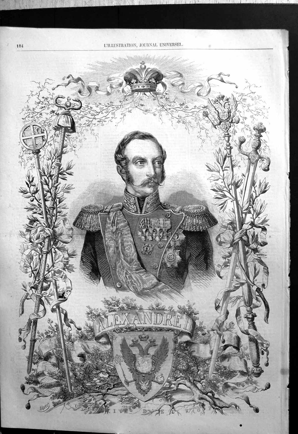 Antique Print Alexandre Ii Portrait Encircled Swords Mace Foliage Heraldry
