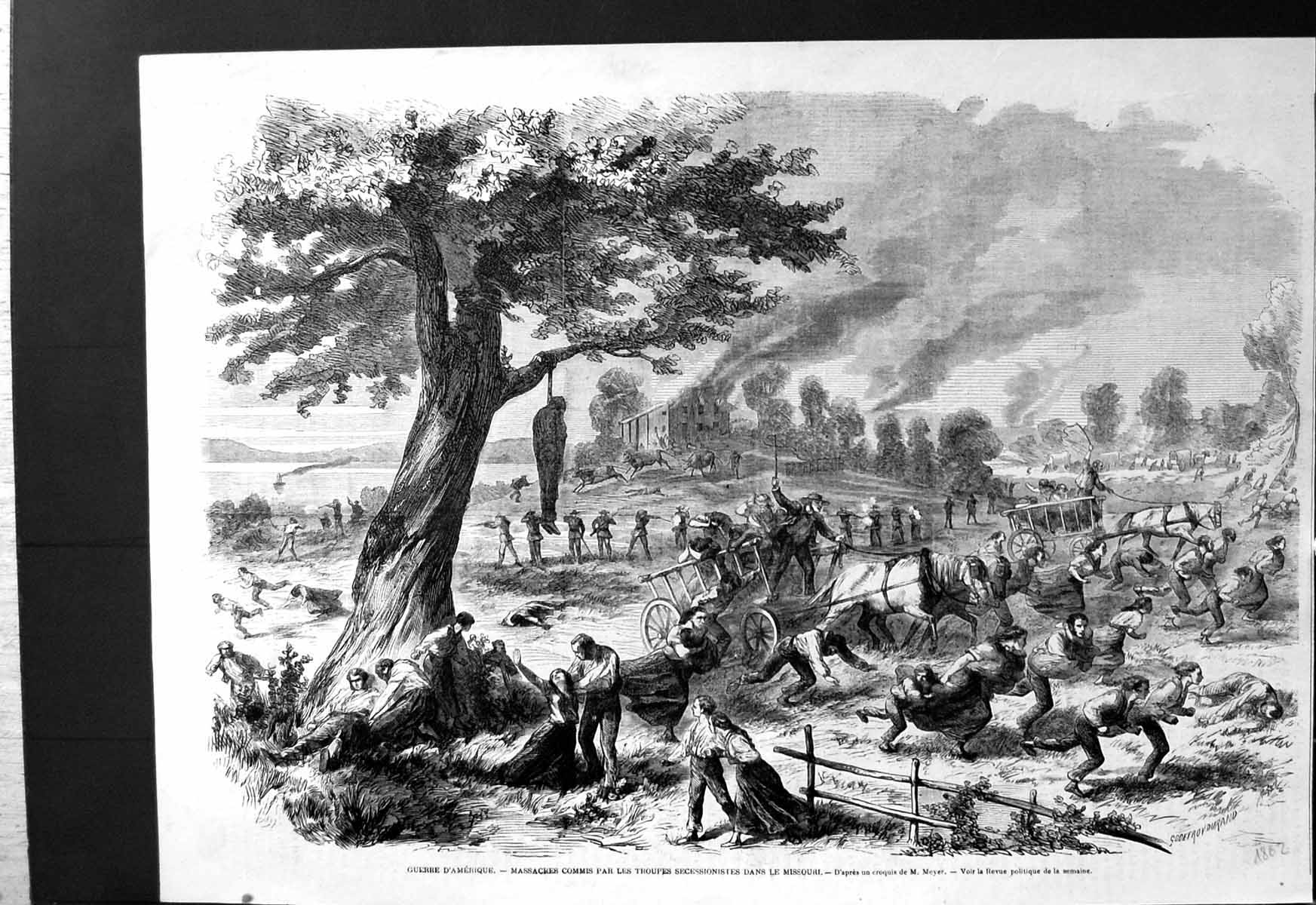 Antique Old Print American War Massacres Troops Successionistes Missouri 1862