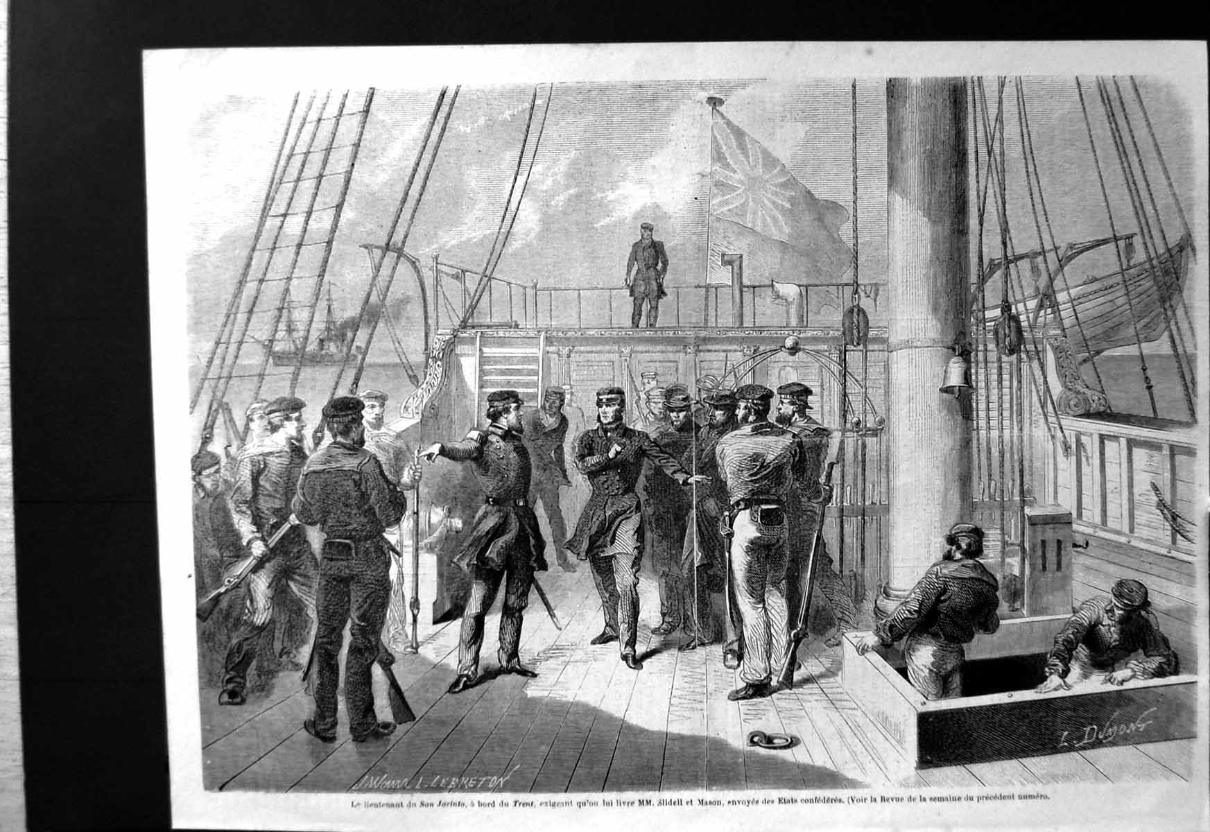 Antique Old Print Lieutenant San Jacinto Aboard Trent Civil War States Ship