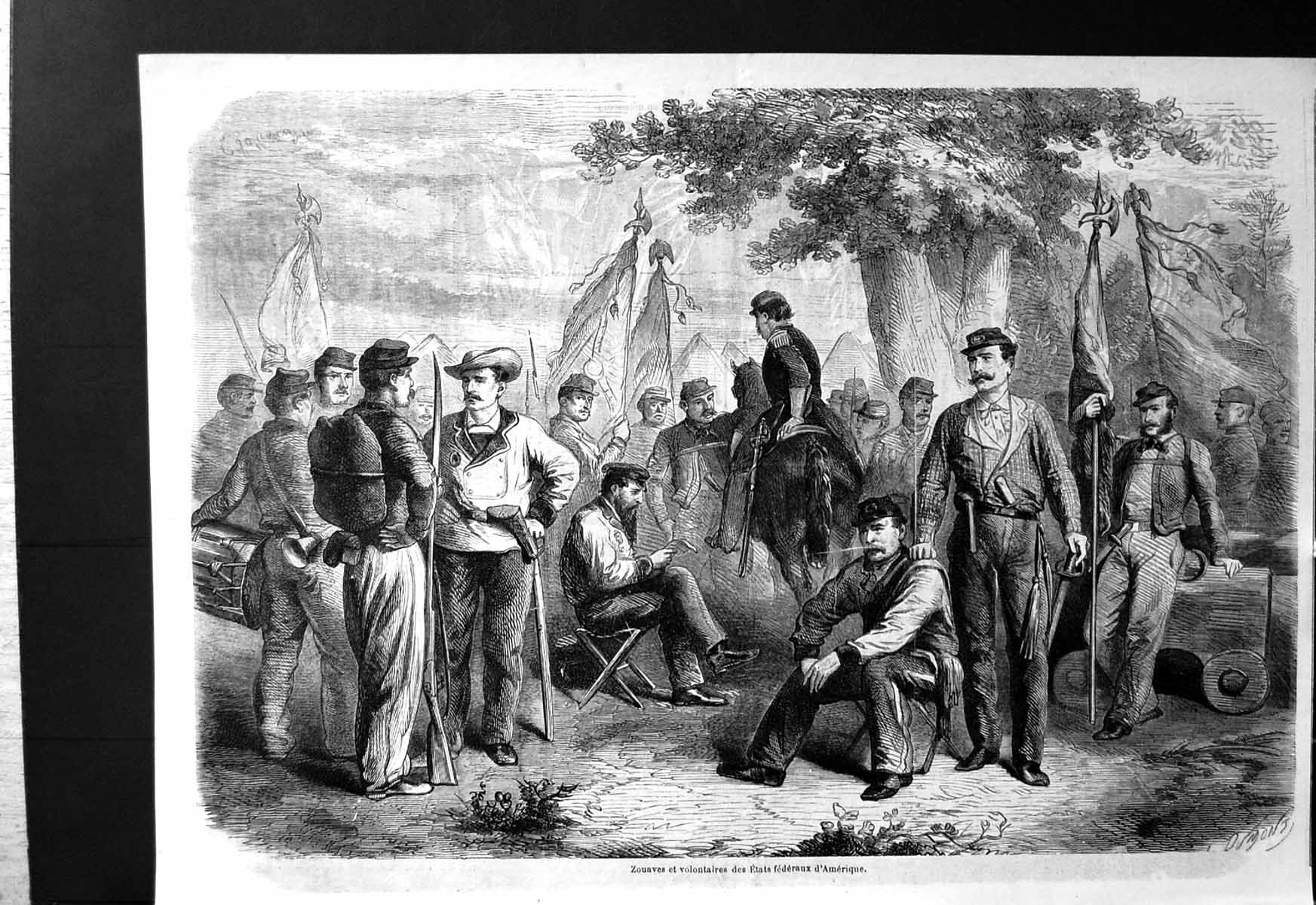 Old Print Zouaves Volunteers Federal States America Drum Troops Relaxing 18th