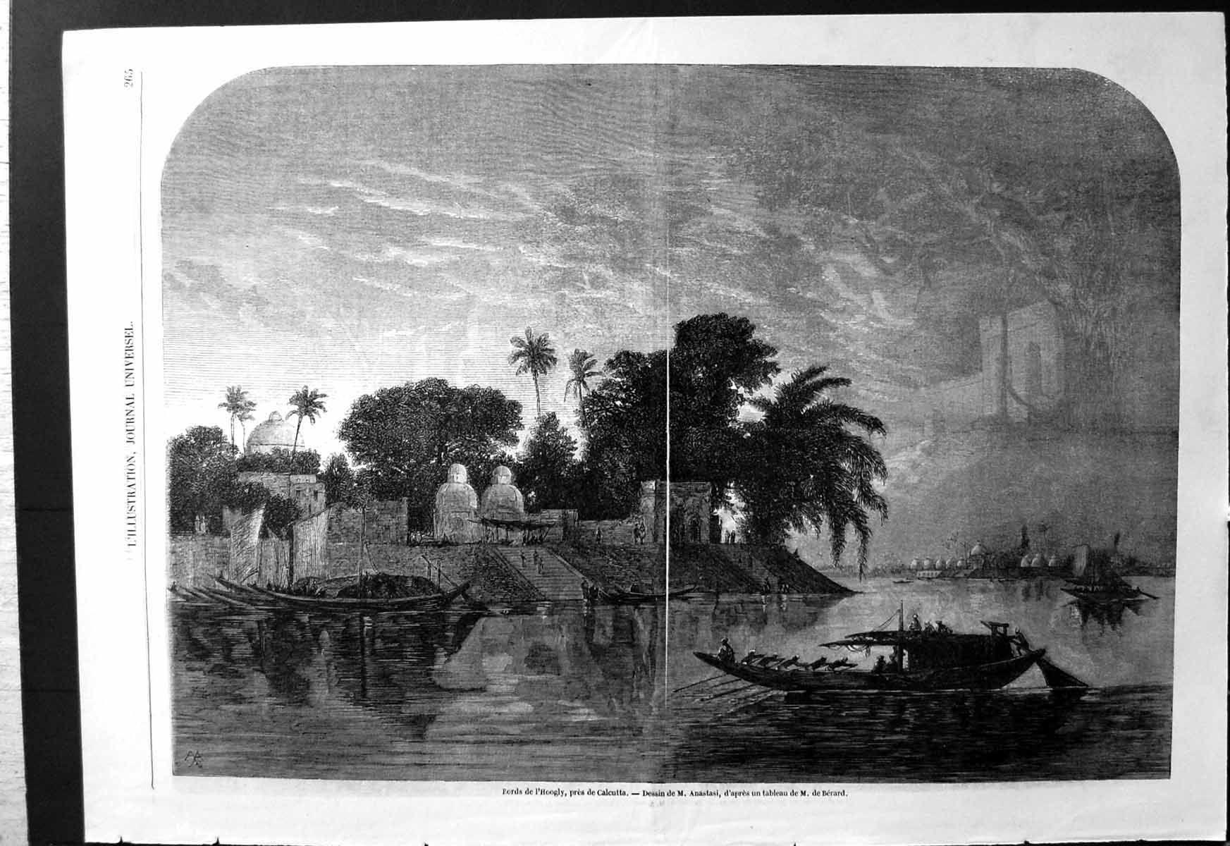 Antique Old Print Edge Hoogly Near Calcutta Boats Buildings Palm Trees Domes