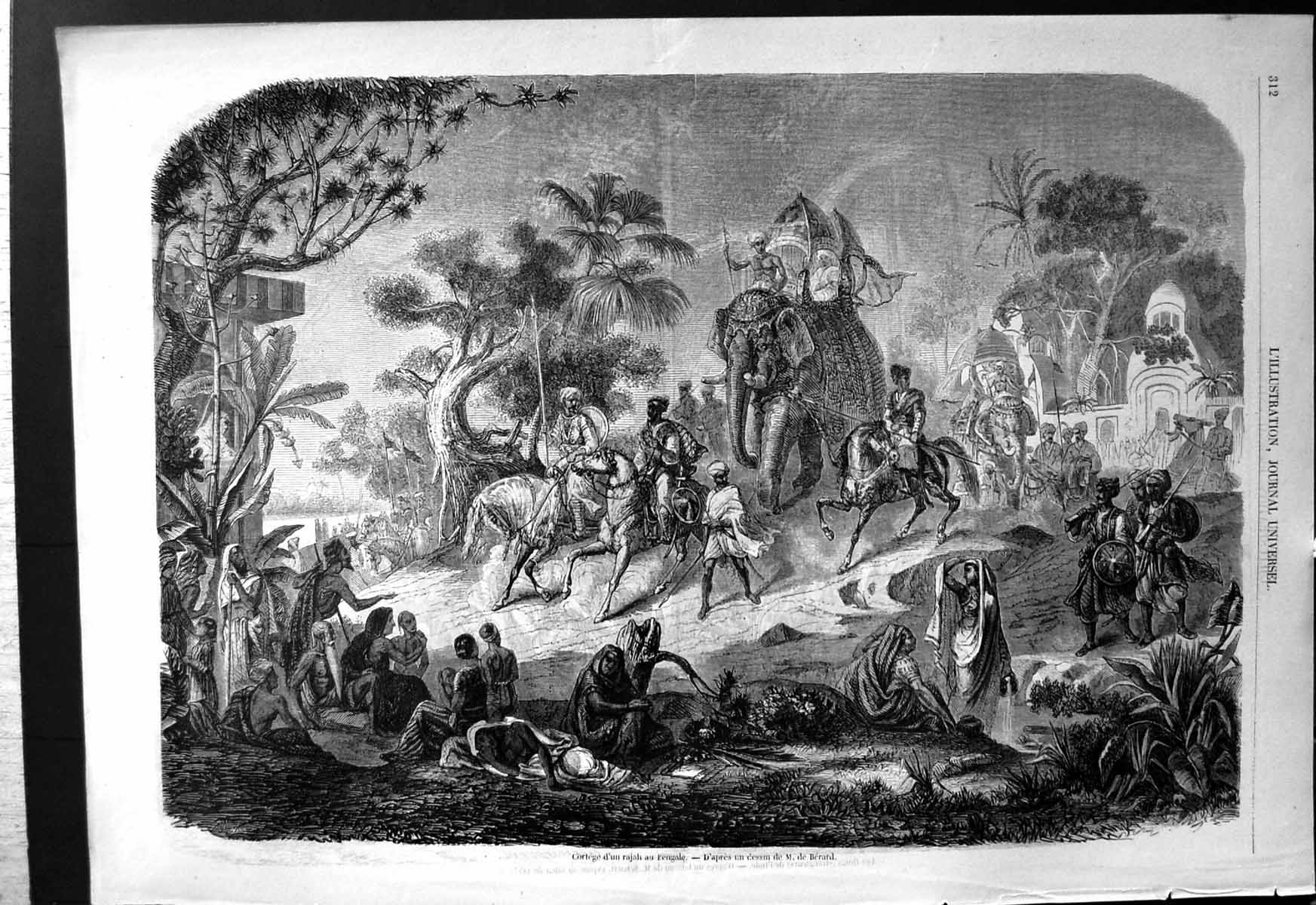 Antique Old Print Procession The Bengal Rajah Elephant Curtained Horses Palms