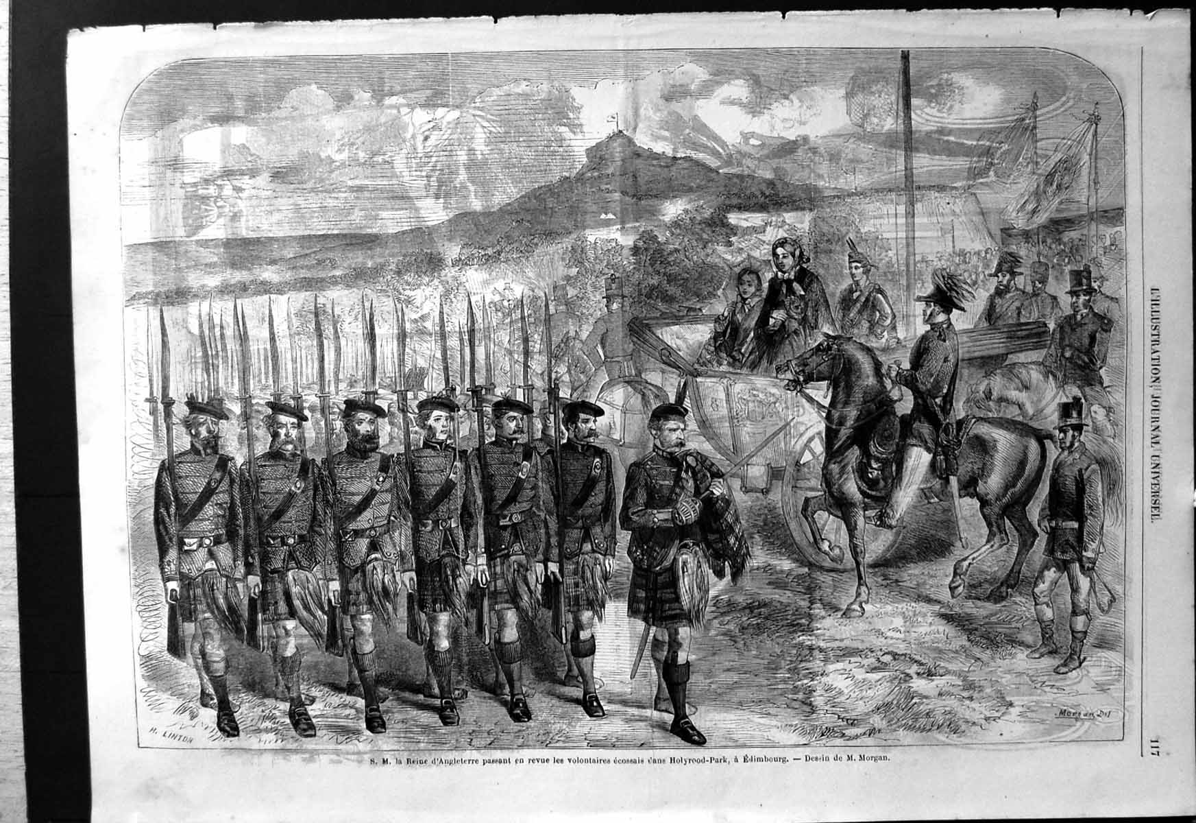 Antique Print SM La Reine England Reviews Scottish Volunteers Holyrood Park