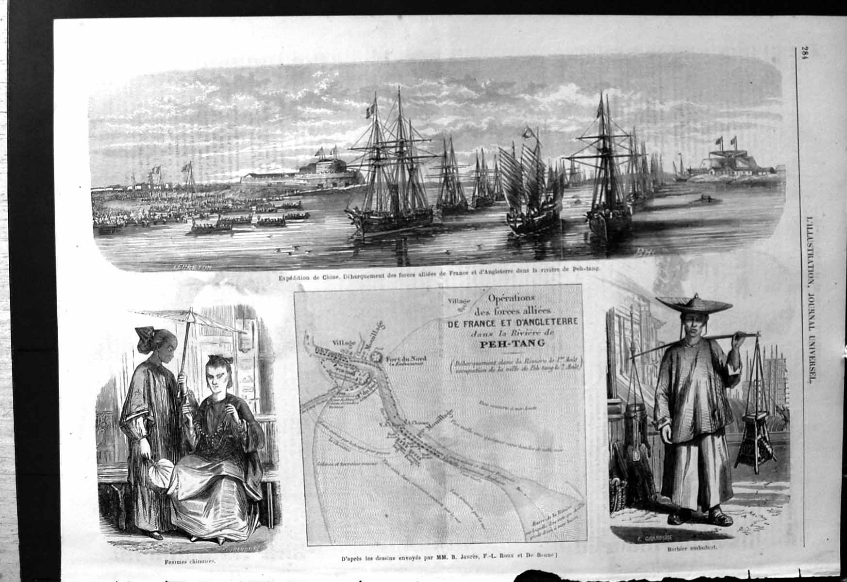 Antique Print Chinese Expedition Arrival Peh-Tang Chinese Female Barber Map