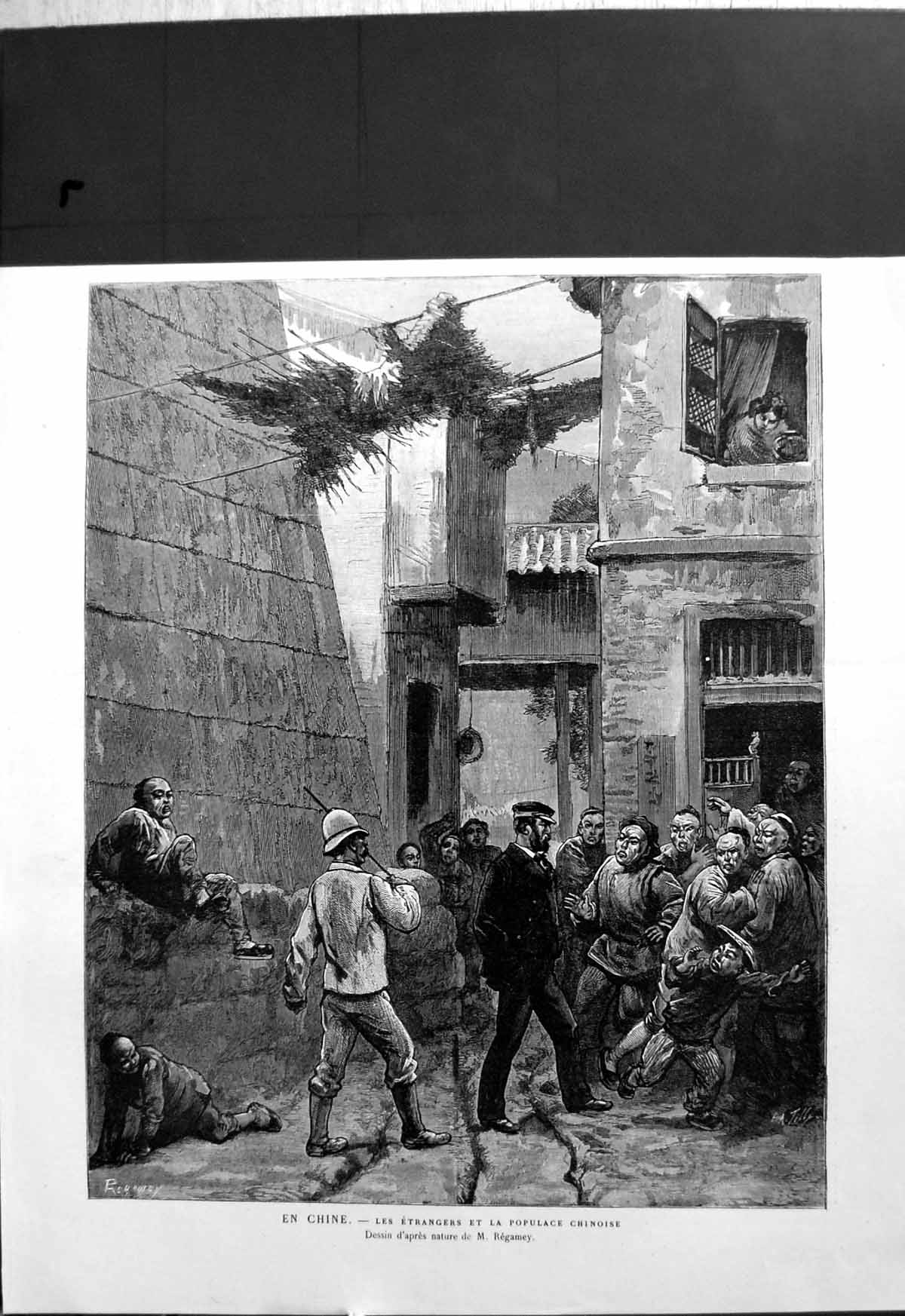Old Print China Chine Foreigners Chinese Mob Street Scene After M Regamey 20th