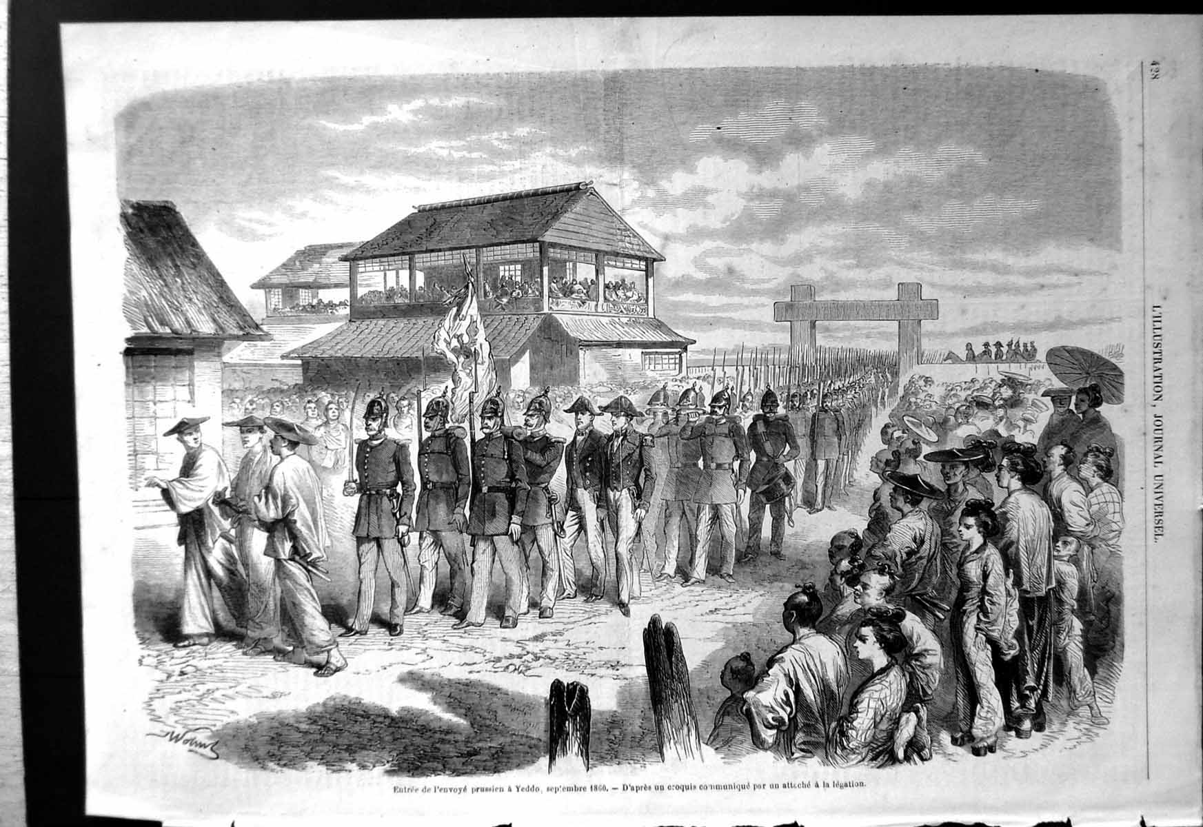 Antique Print Entry Prussian Envoy Yeddo Marching Siers Peasants Onlooking 20th