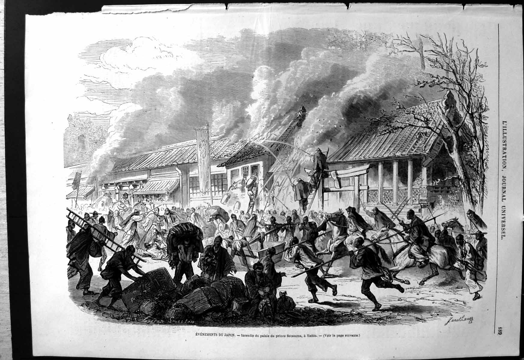 Old Print Events Japan Burning Palace Prince Satsouma Yeddo Pumping Water