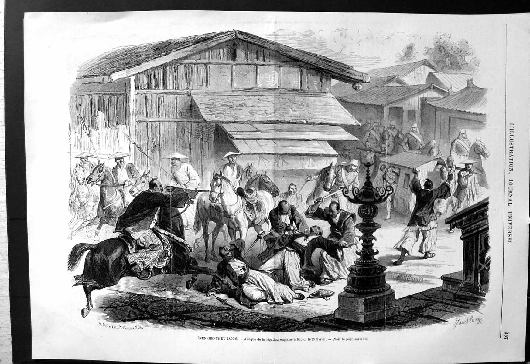 Old Print Events Japan Attack English Legation Kioto Horses Spears Street