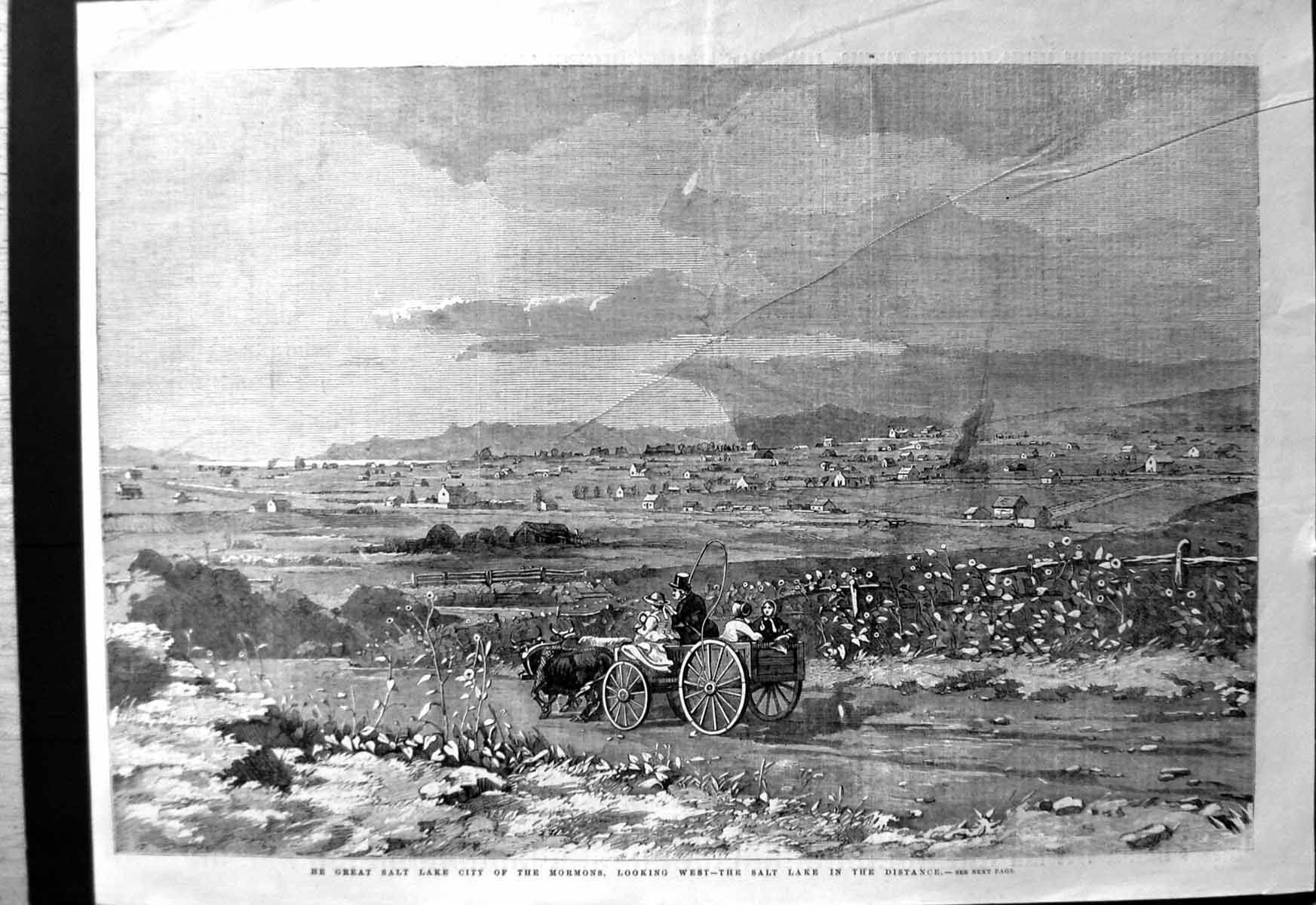 Old Print Salt Lake City Mormons Looking West Ox Drawn Carriage Landscape