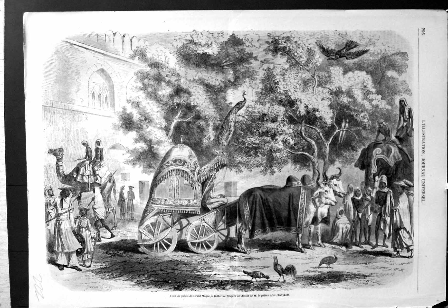 Antique Old Print Court Palace Grand Mogol Delhi Ox Drawn Cart Camel Elephant