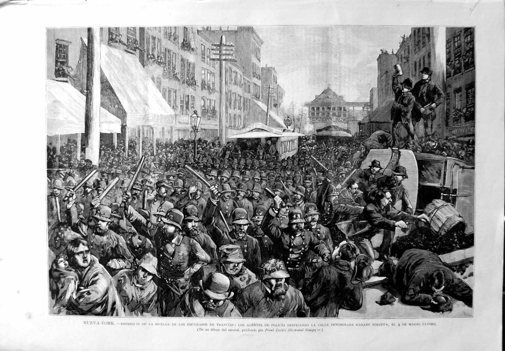 Old Print New York Police Suppression Strike Employees Trams Grant Street