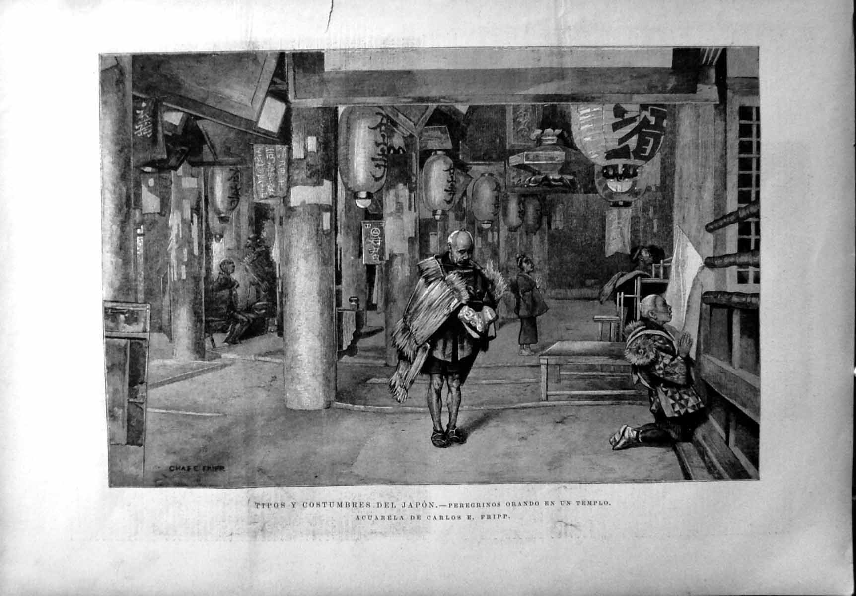 Old Dress Customs Pilgrims Japan Temple Interior Straw Lanterns 1892 Victorian