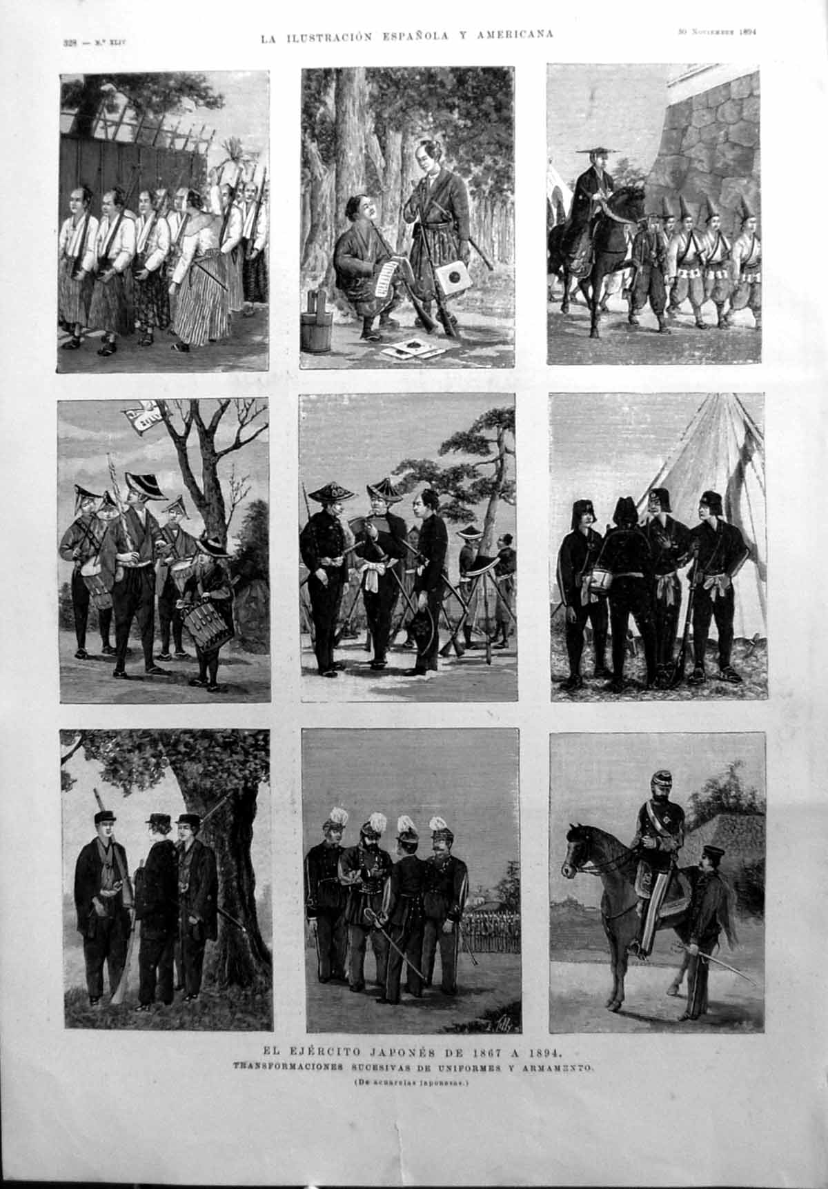 Old Print Japanese Army 1867-1894 Successive Changes Uniform Weapons 1894 19th