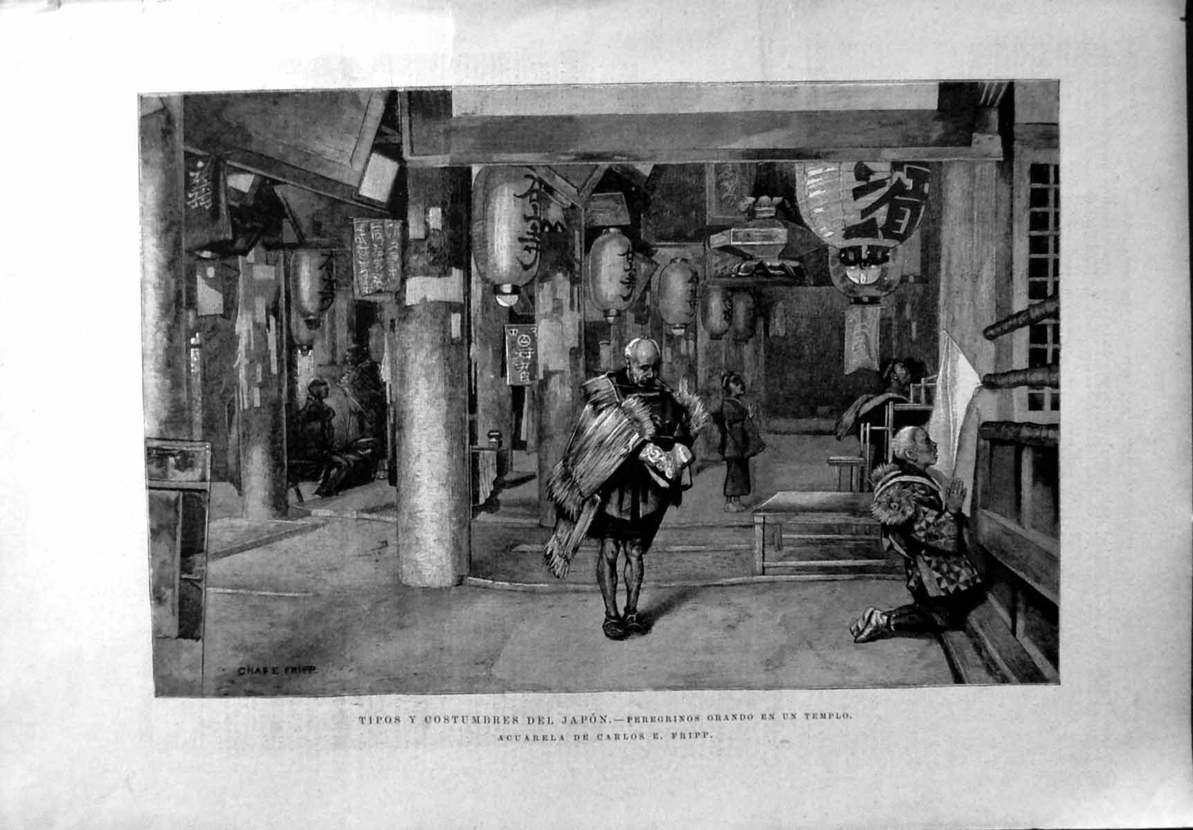 Old Dress Customs Pilgrims Japan Temple Interior Lanterns Hangings 1892 19th