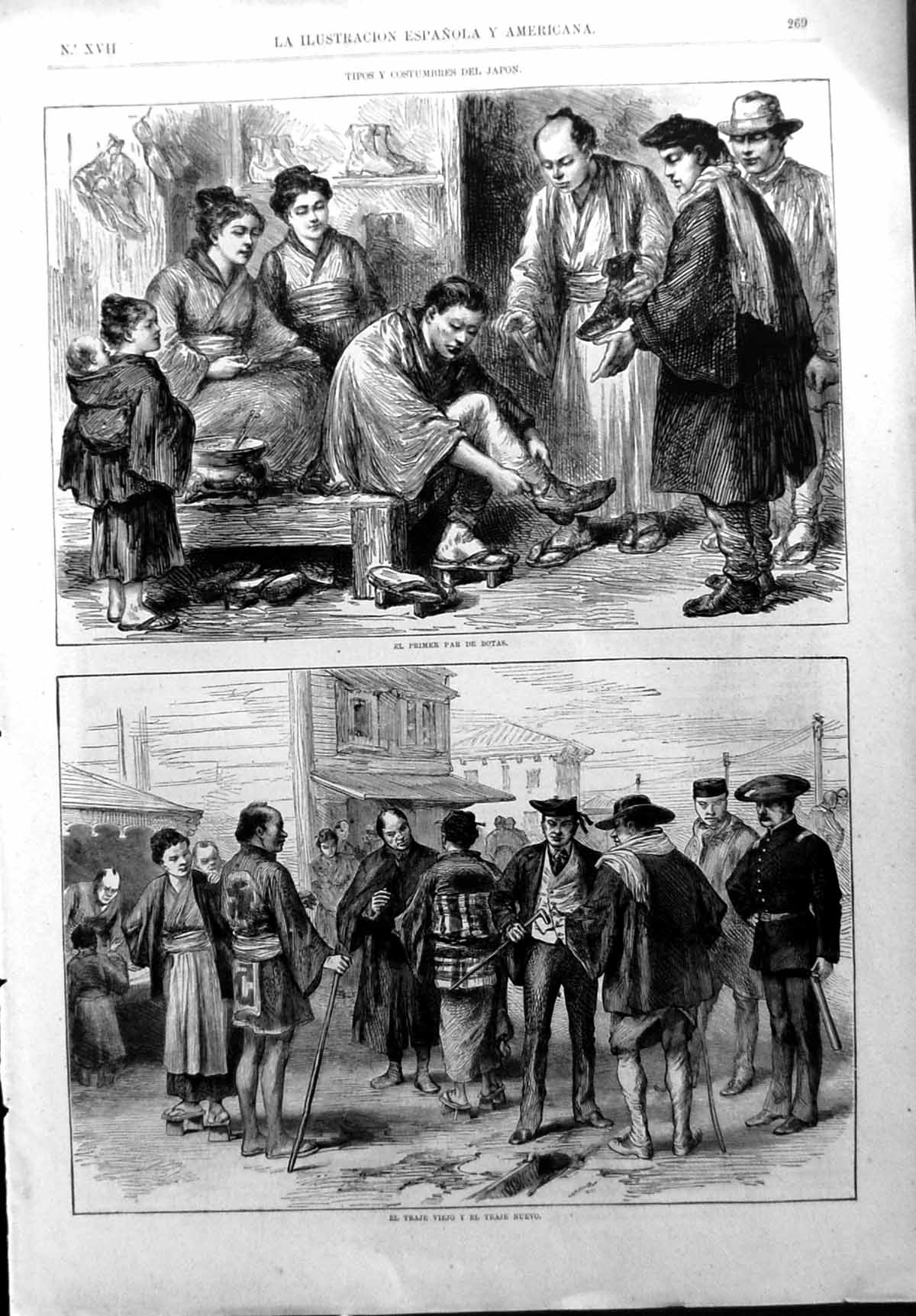 Antique Print Traditions Costumes Japan Trying Boots New Suits Street Scene