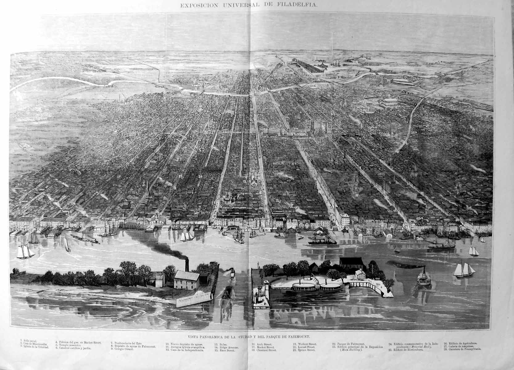 Old Philidelphia International Exhibition Panoramic View Fairmount River