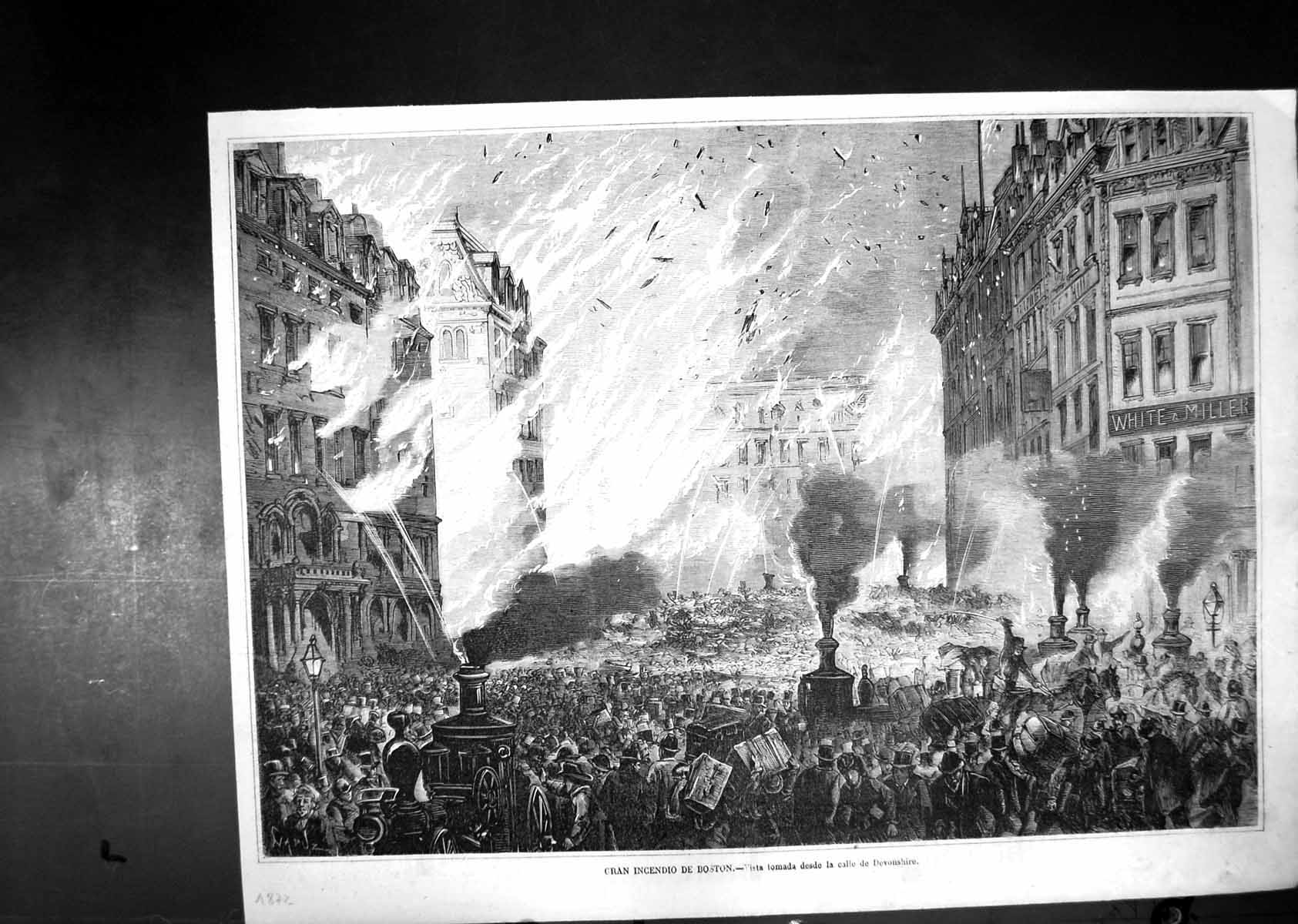 Old Print Large Fire Boston View Taken From Devonshire Street Pump Engines 1872