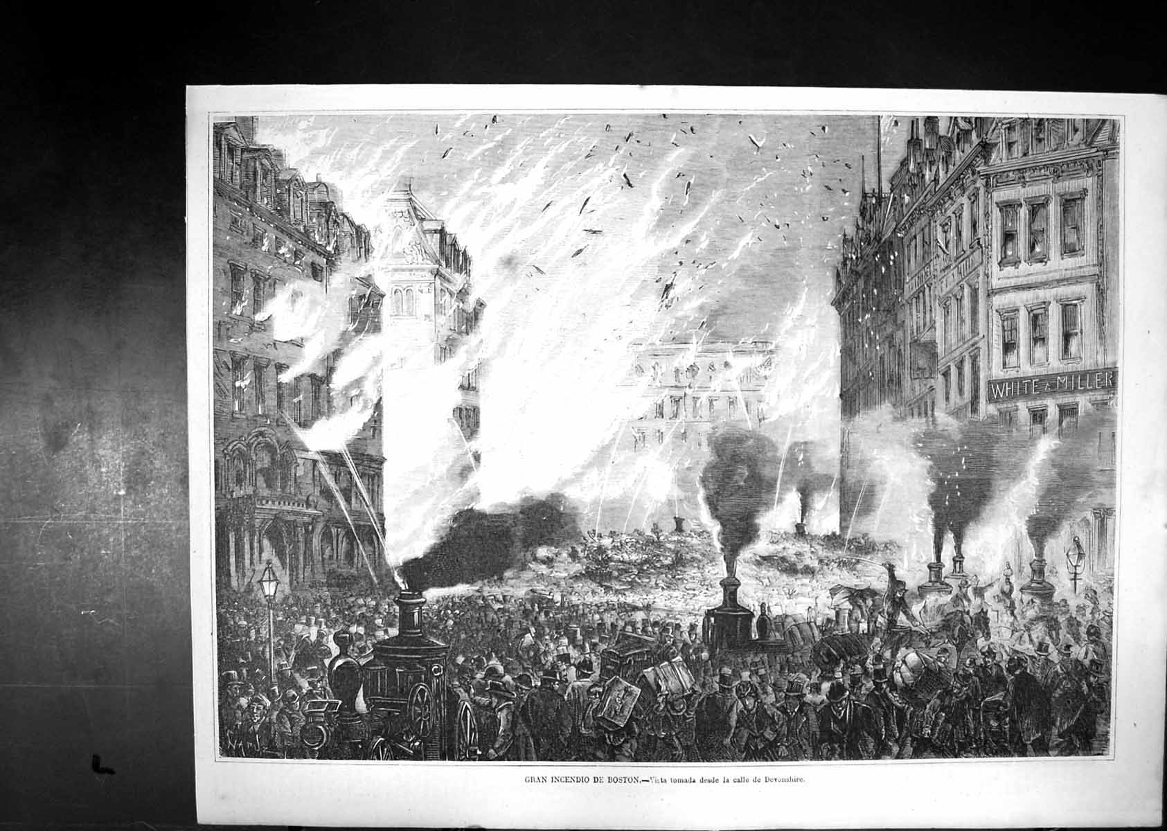 Old Boston Large Fire Crowd Pumps Engines White Miller Building 1872 Victorian