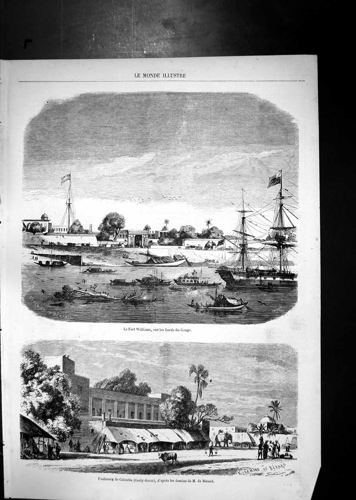 Old Print Fort Williams Edge Ganges Boats Ships Elephant Suburb Calcutta