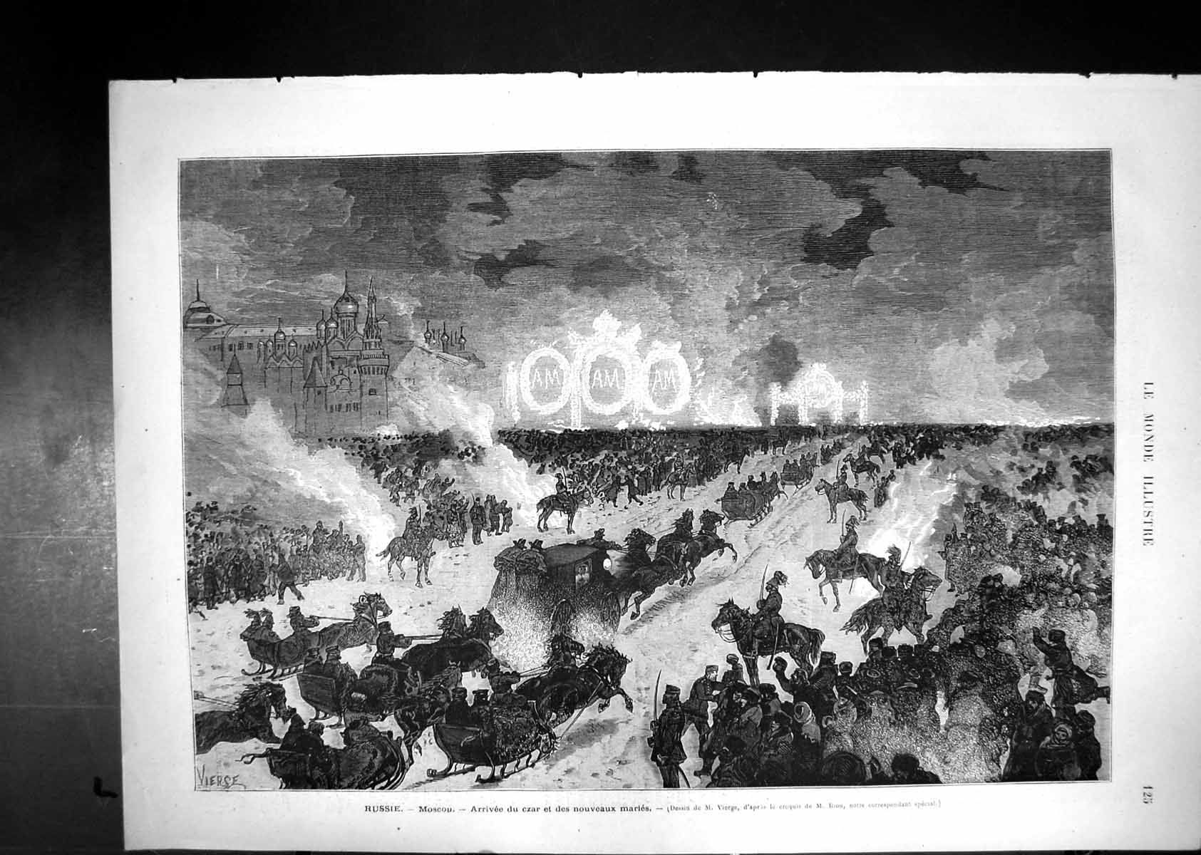 Antique Print Russia Moscow Nightime Arrival Tzar New Wife Lights A M Snow