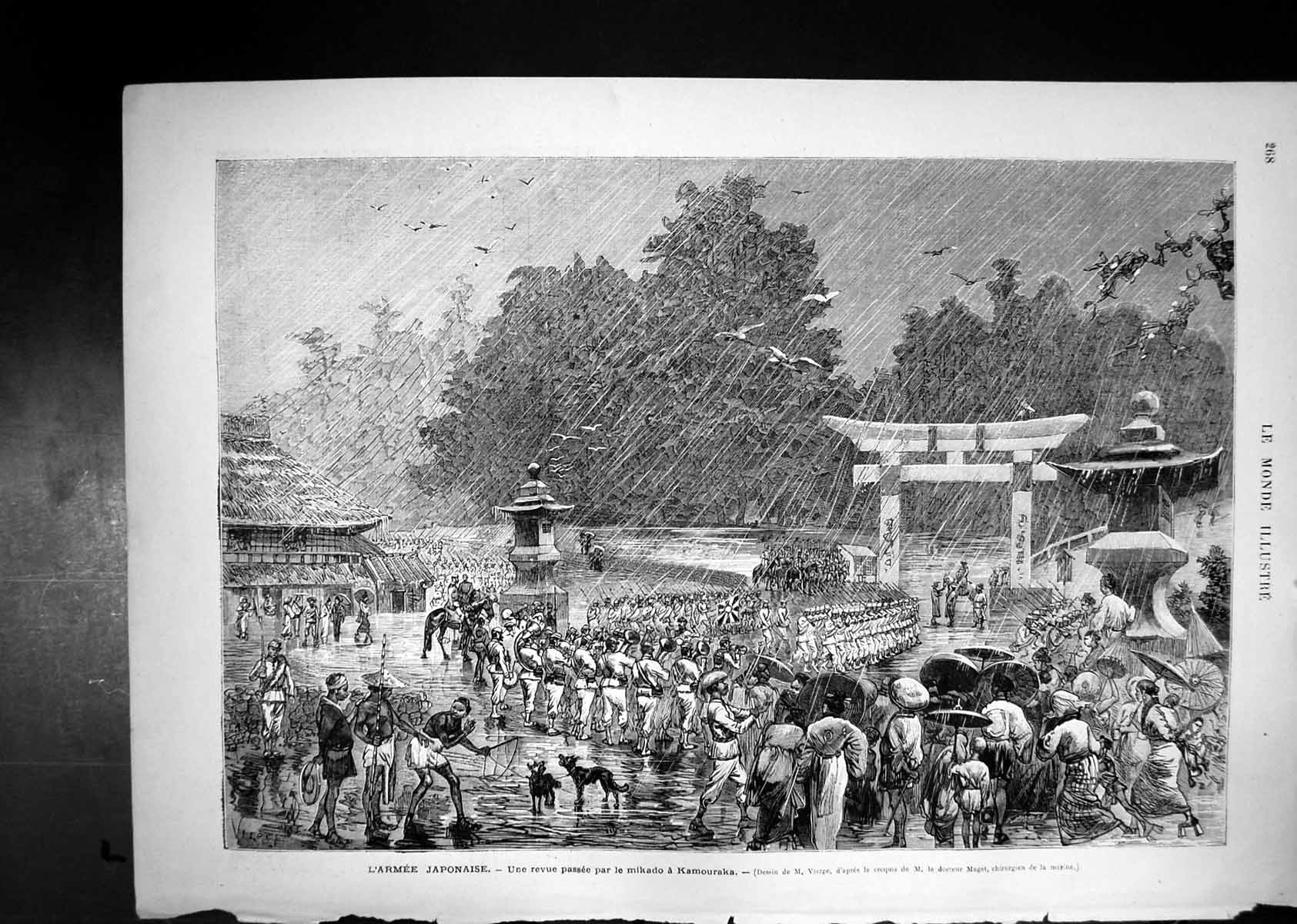 Antique Print Japanese Army Review Passing Mikado Kamouraka Rain Umbrellas