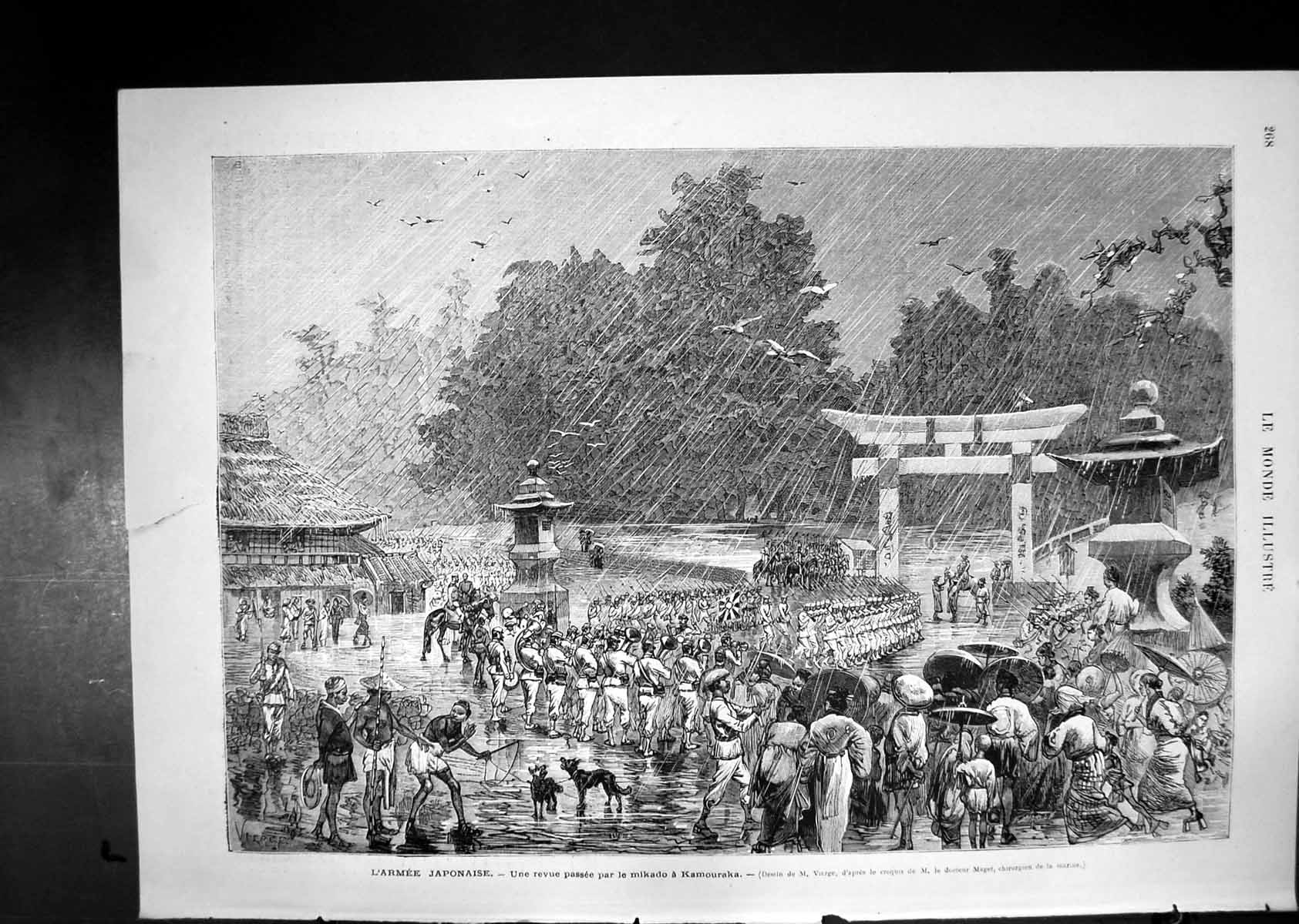 Old Print Review Japanese Army Rain Umbrellas March Past Mikado Kamouraka