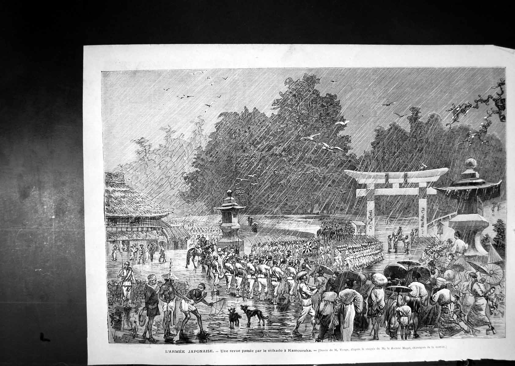 Antique Print March Past Review Japanese Army Troops Mikado Kamouraka Rain