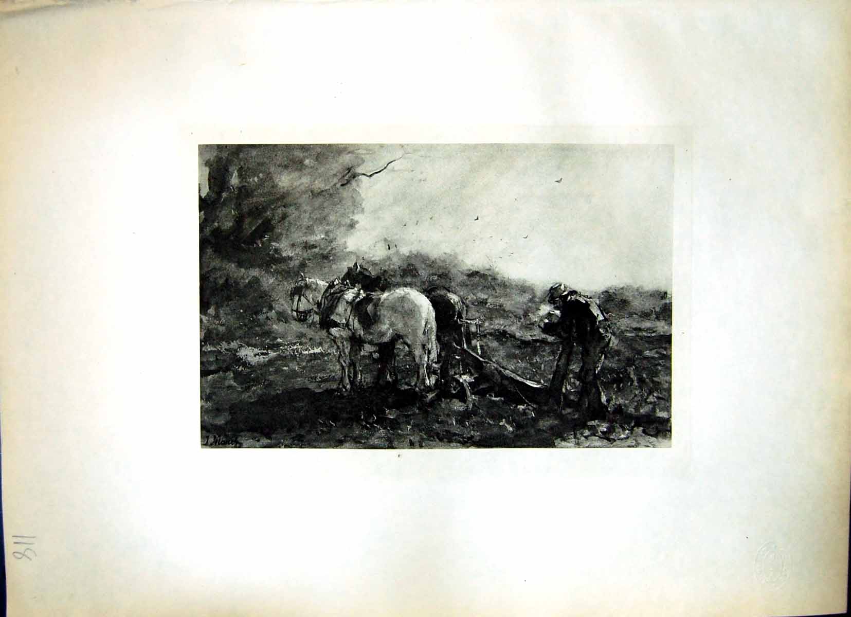 Old Print The Plough Jacob Maris Man Working Two Horses Pulling Field 118J