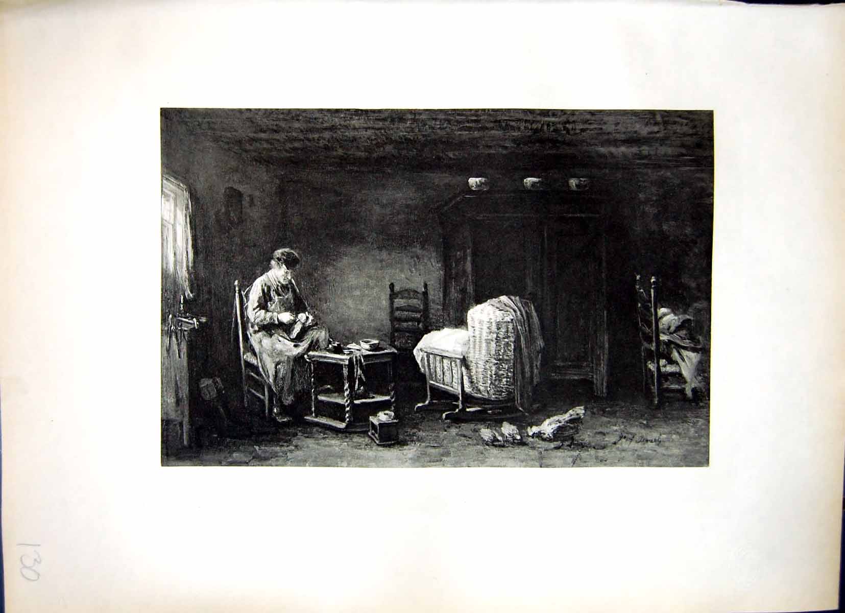 Old Print The Widower Josef Israels Mending Sole Boot Chickens Cradle 130J