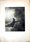 Print Watering Horses ? Moonrise C. -E. Jacque Lakeside Moon Birds House 134J