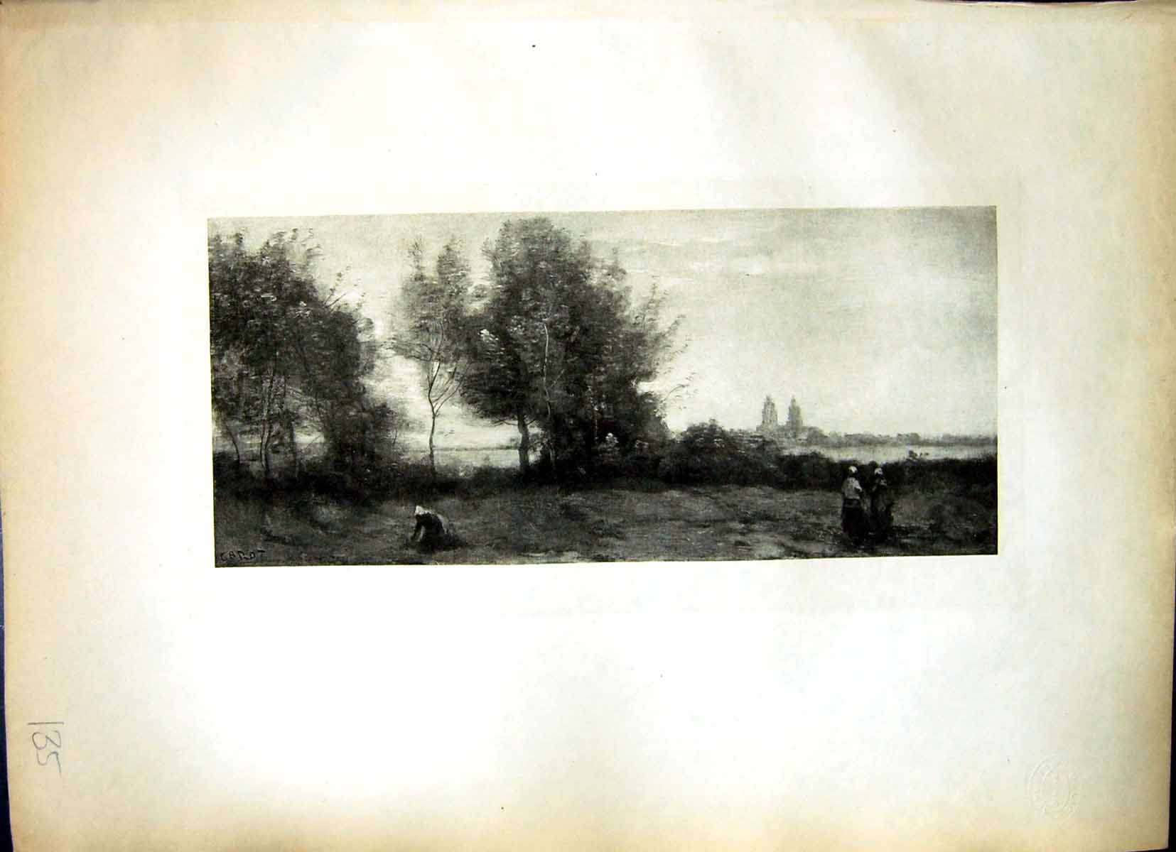 Old Print Landscape With Towers J. -B. -C. Corot Trees People Expansive Sky 135J