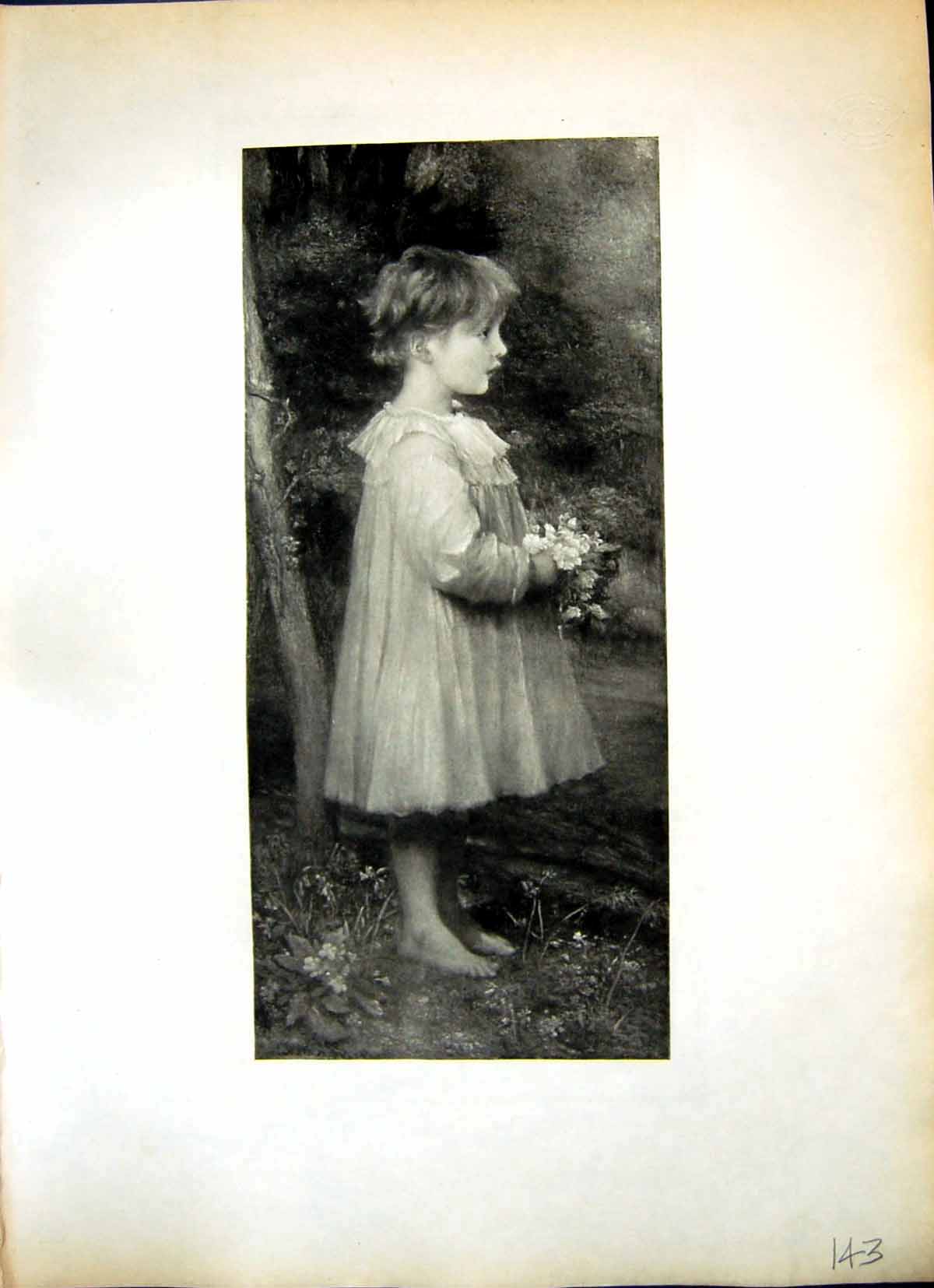 Old Spring G.F. Watts Charming Bare Footed Young Girl Posy Flowers 143J
