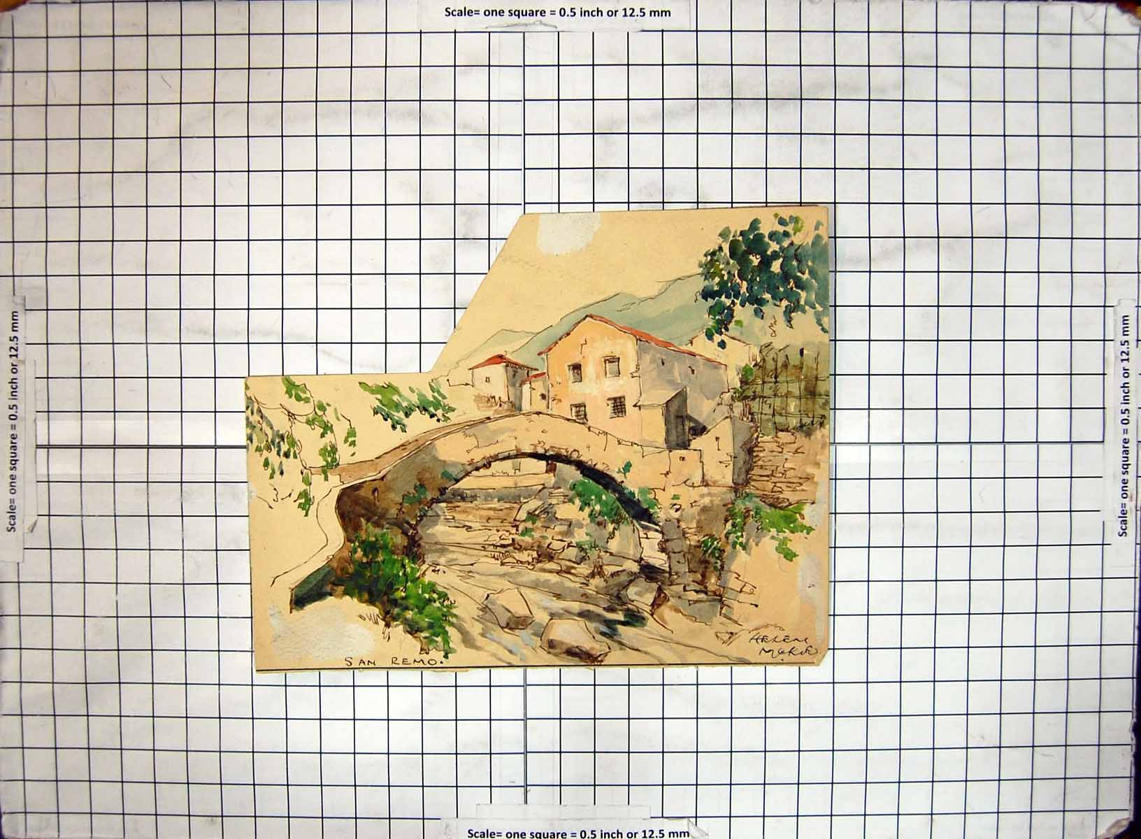 Original Old Antique Print Colour Helen Mckie Bridge River Houses San Remo