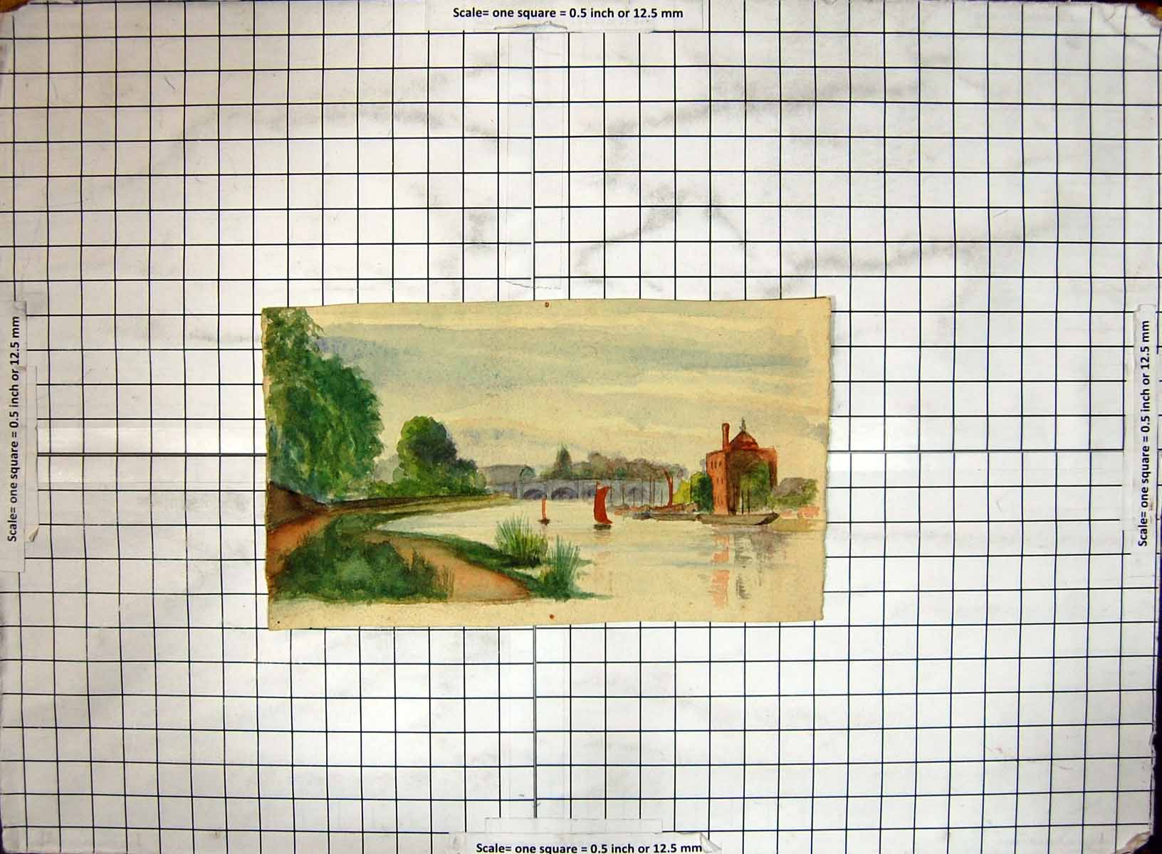 Original Old Antique Print Colour Helen Mckie River Scene Bridge Boats Trees