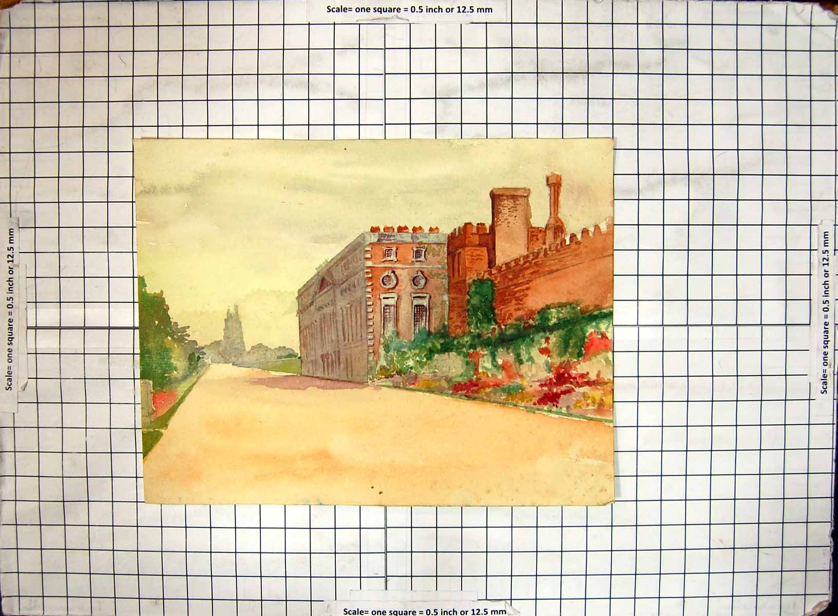 Original Old Antique Print Colour Helen Mckie Mansion House Garden Scene