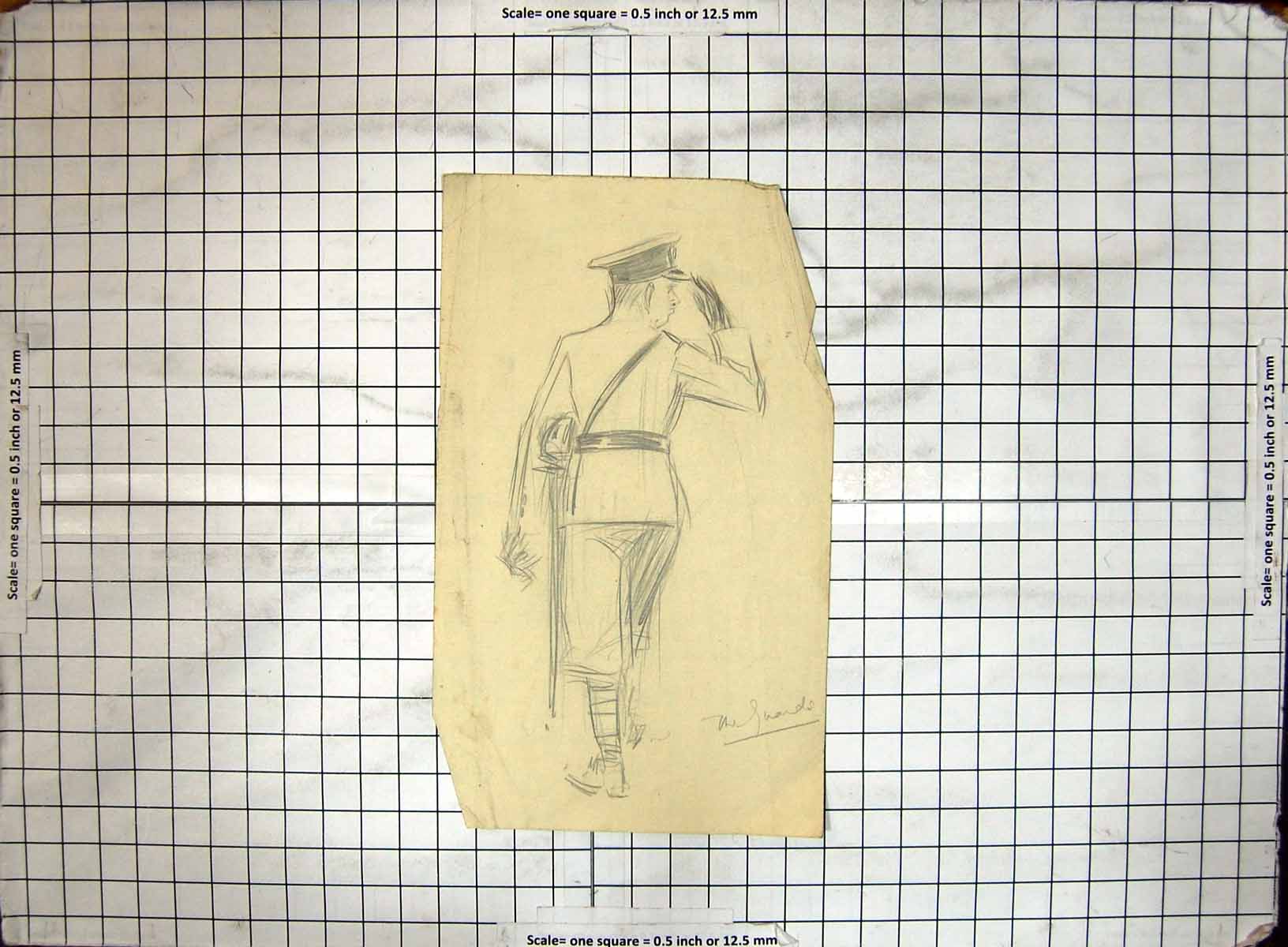 Antique Old Print Black And White Sketch Helen Mckie War Uniform Man Salute