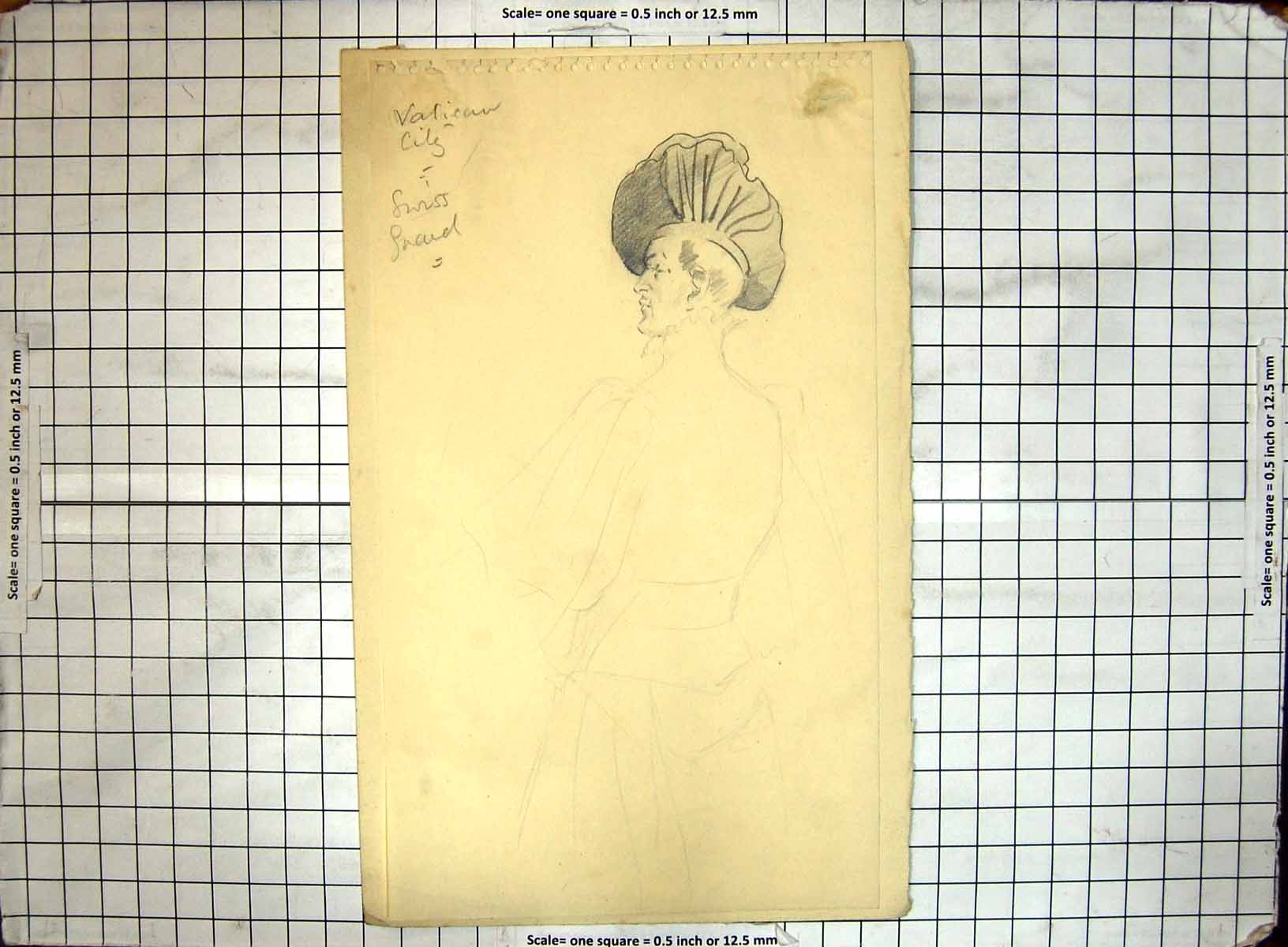 Antique Old Print Black And White Sketch Helen Mckie Swiss Man Fashion Hat