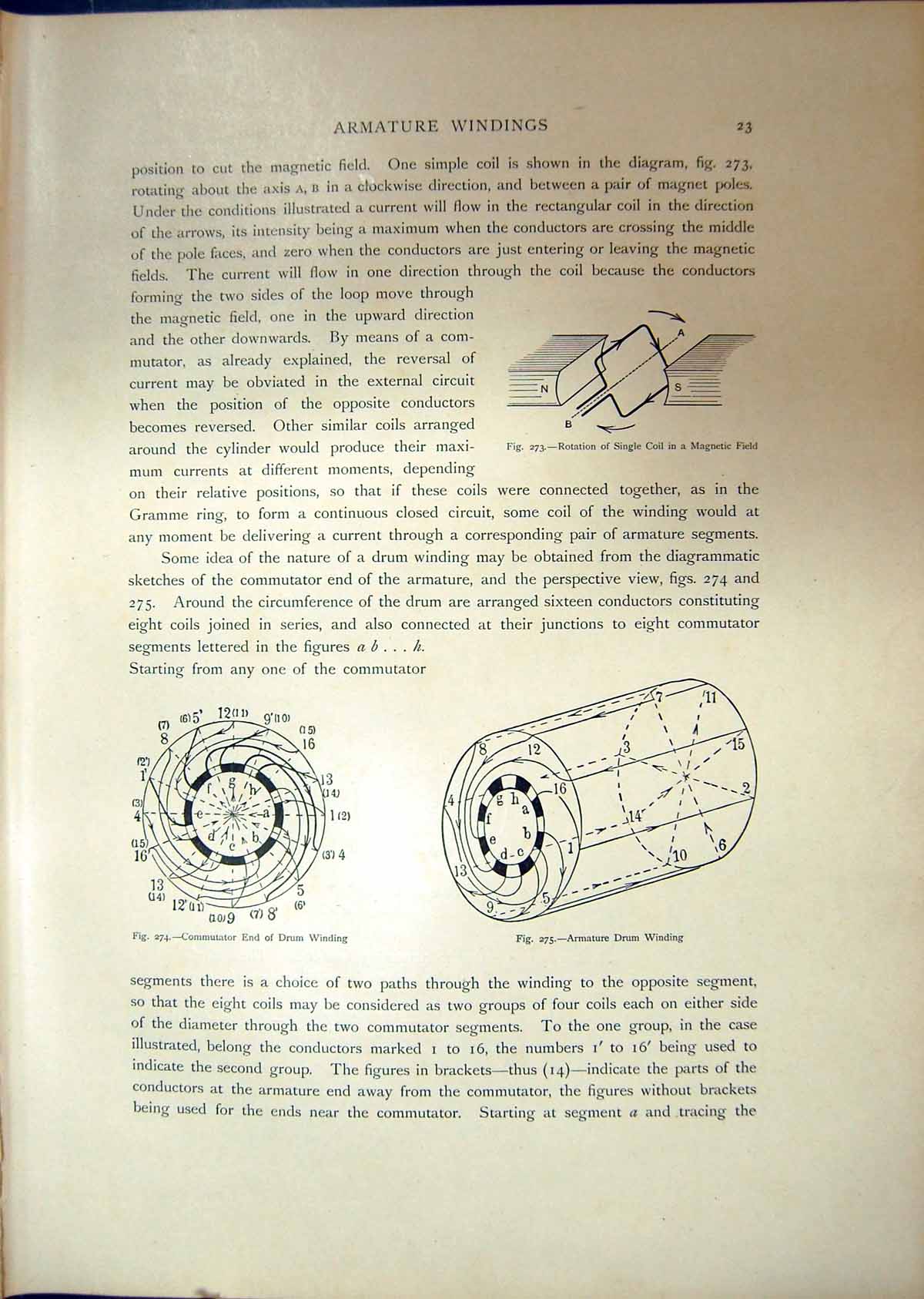 Old Print Armature Drum Winding Commutator End Rotating Field Coils 1908 20th