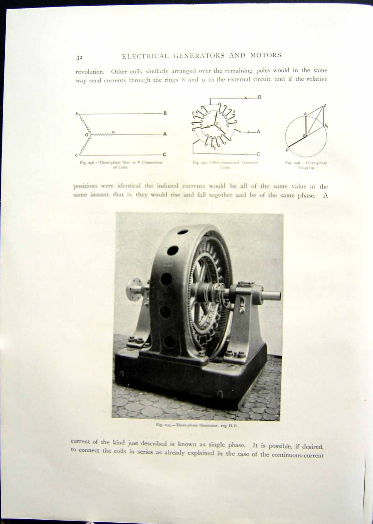 Antique Old Print Three Phase Generator Alternator Mesh Armature Coils 1908