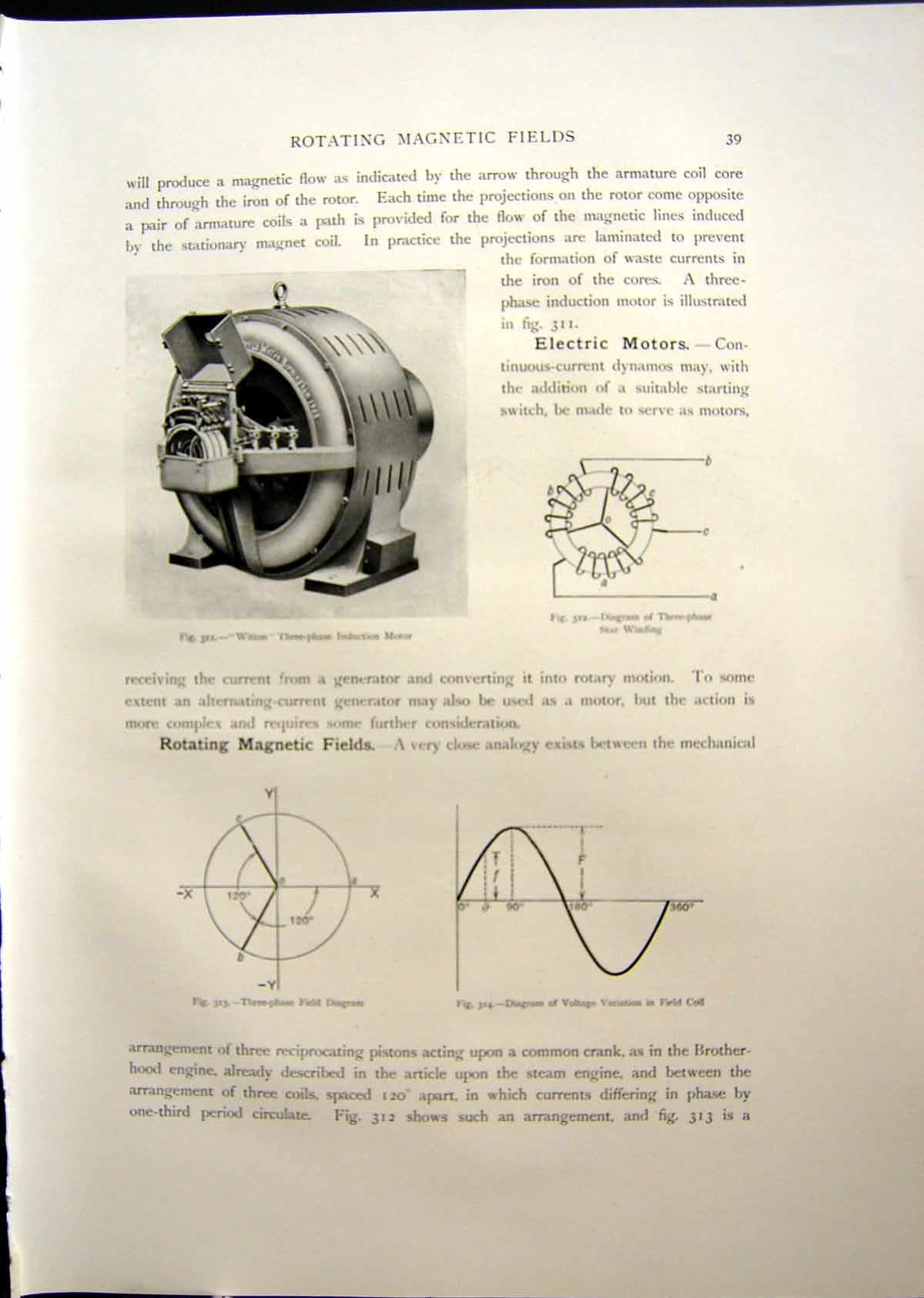 Antique Old Print Witton Three Phase Induction Motor Field Diagram Coil 1908