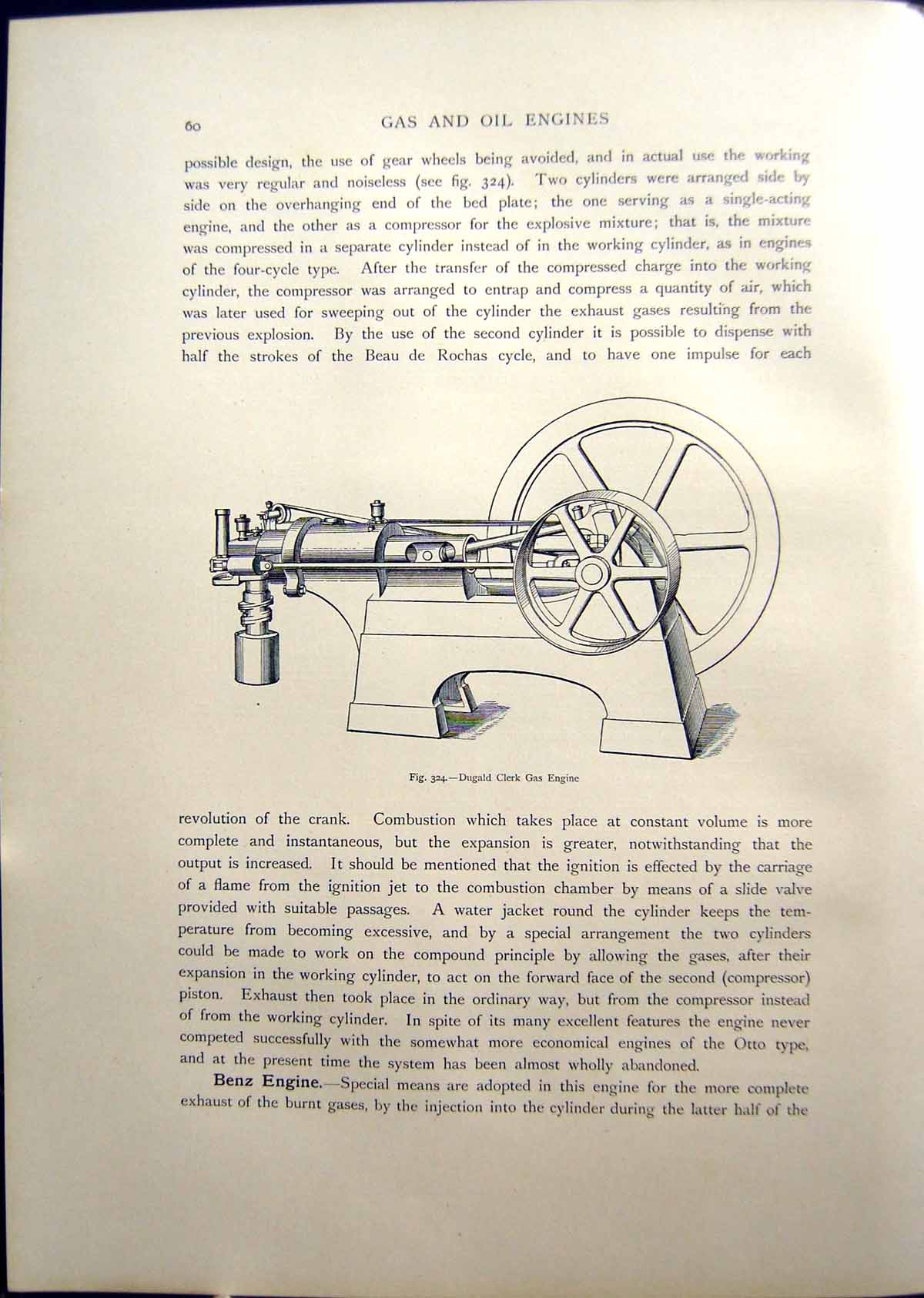 Original Old Antique Print Dugald Clerk Gas Engine Economic Gas Motor 1908 20th