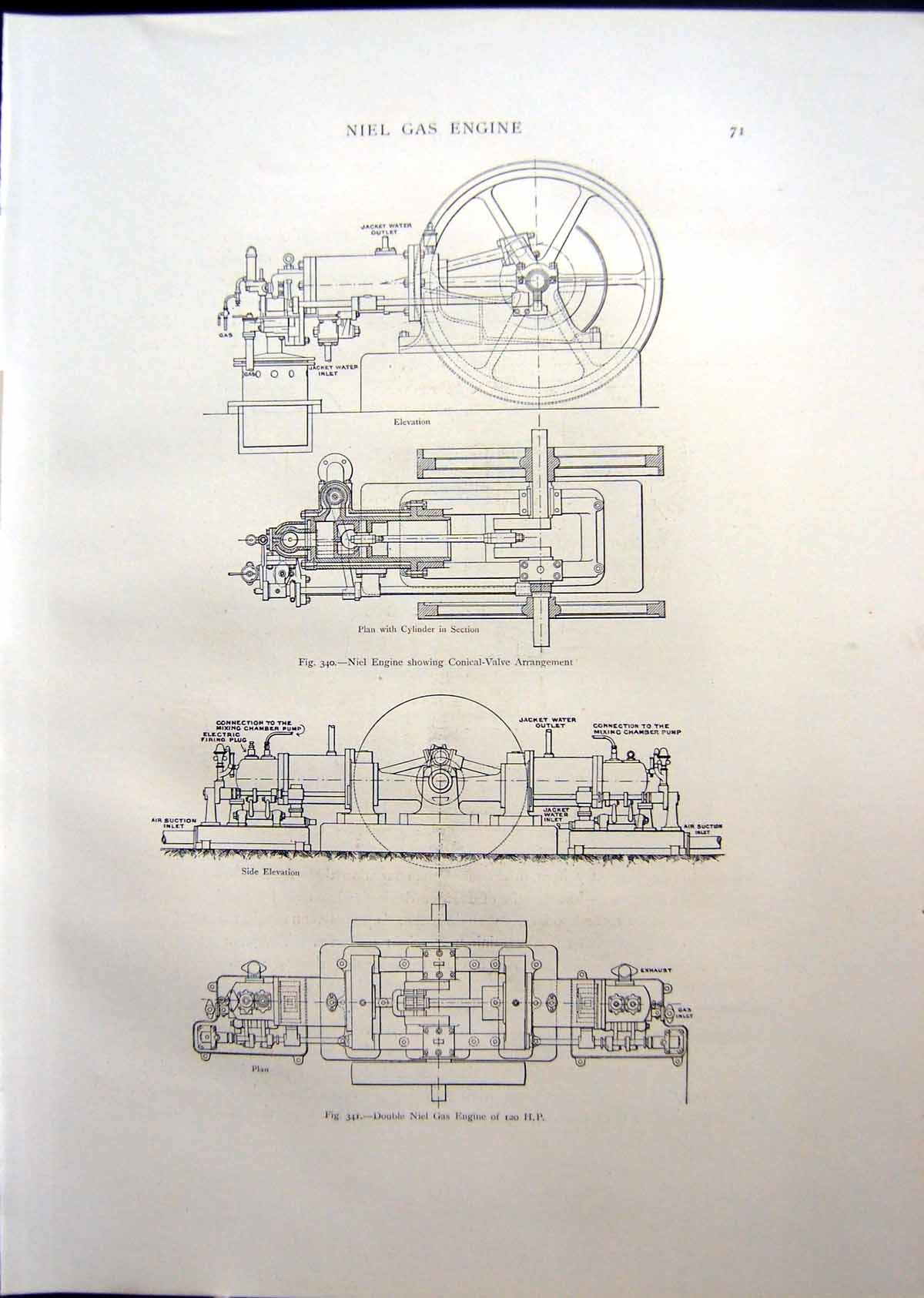 Antique Old Print Double Niel Gas Engine Valve Arrangement Niel Engine 1908