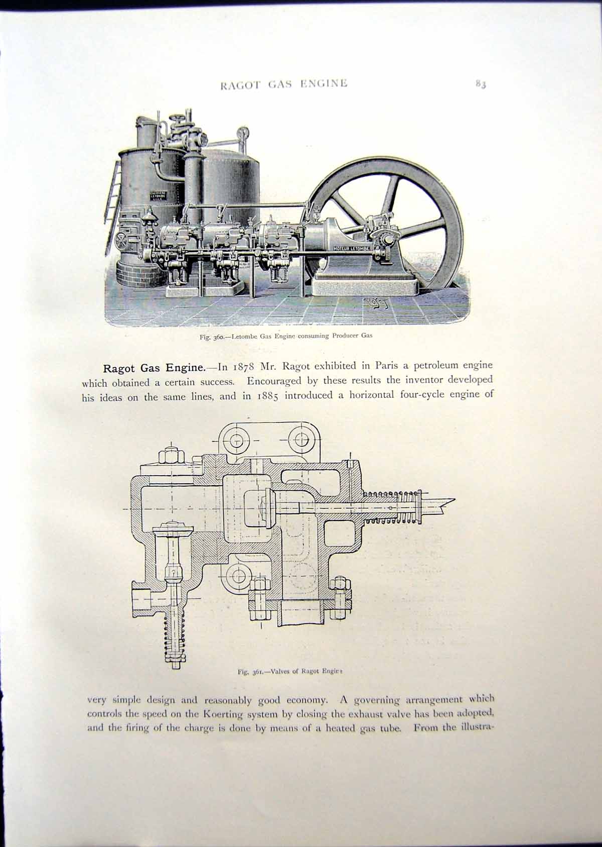 Antique Print Letombe Gas Engine Producer Gas Side Front Ragot Engine 1908 20th