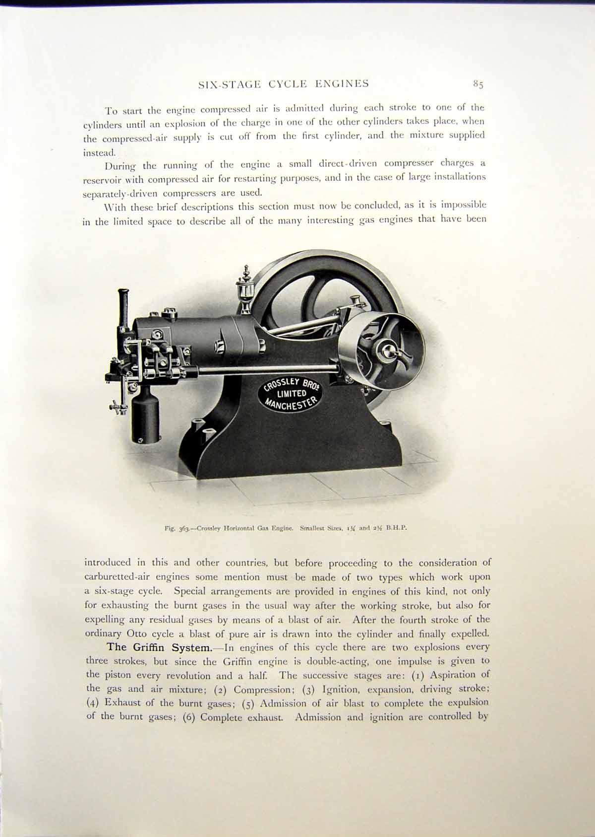 Antique Old Print Crossley Horizontal Gas Engine Dynamo Direct Coupled 1908