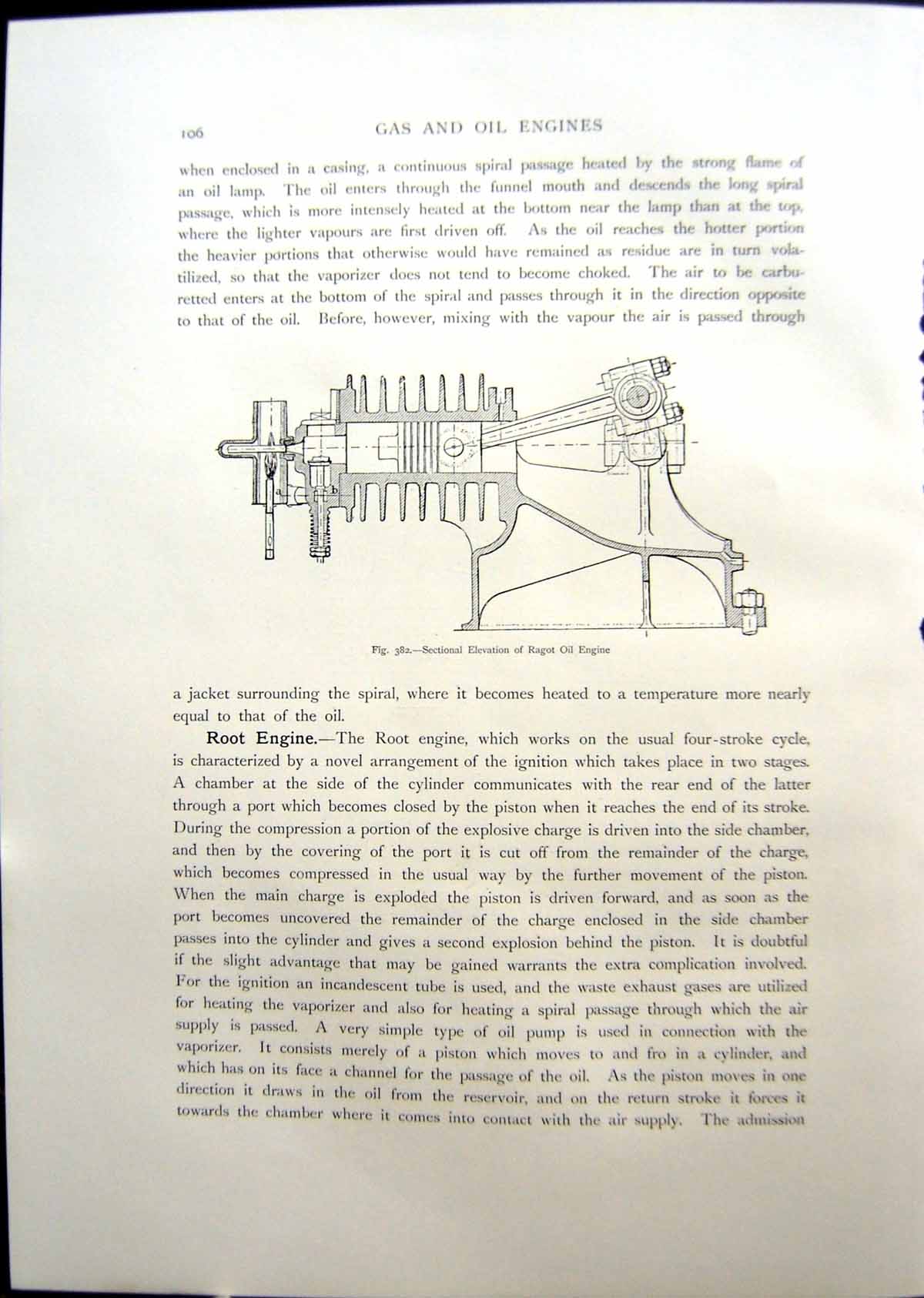 Antique Old Print Sectional Elevation Ragot Oil Engine Sectional Plan 1908 20th
