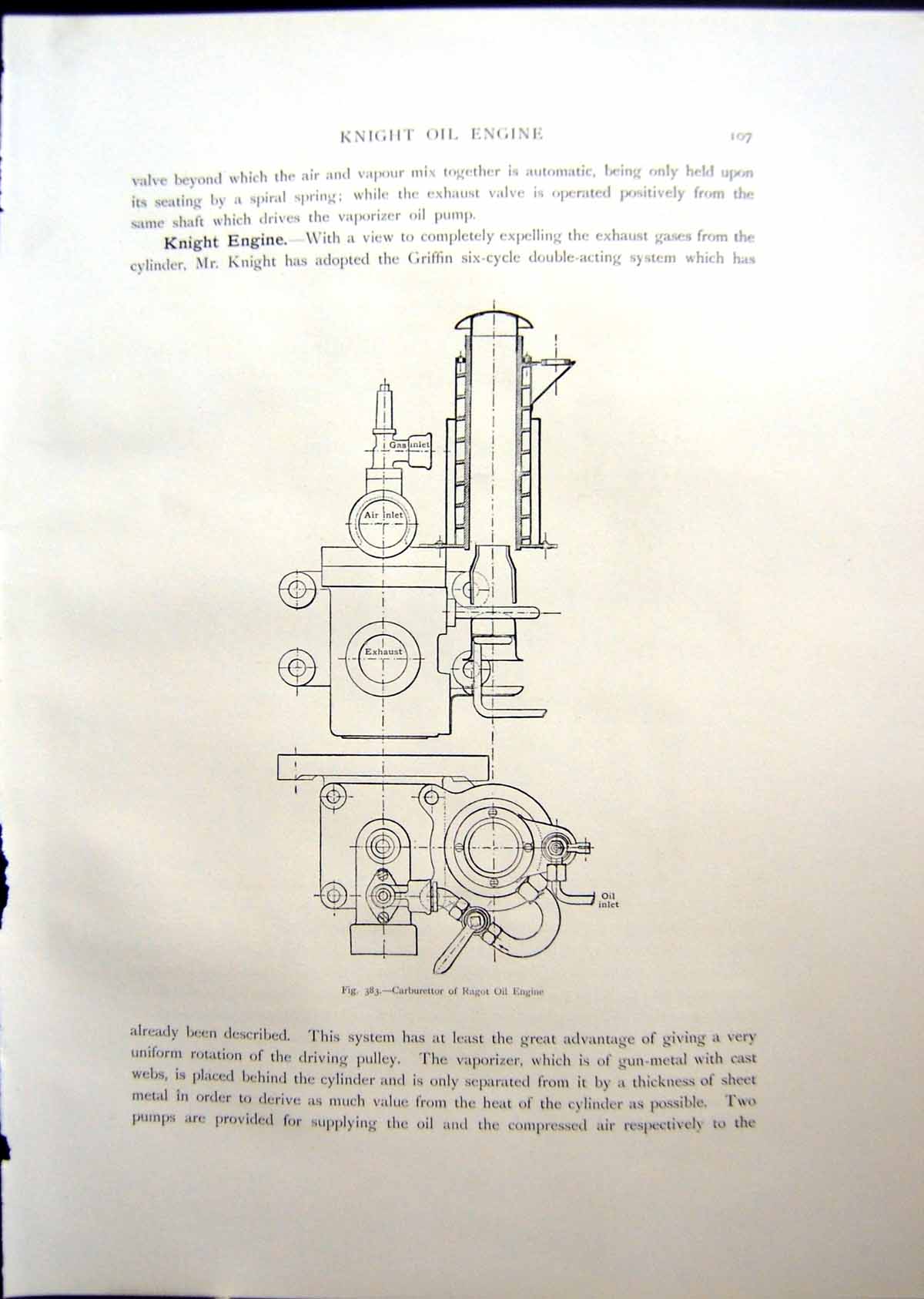 Old Antique Print Carburettor Ragot Oil Engine Crossley Oil Engine 1908 20th