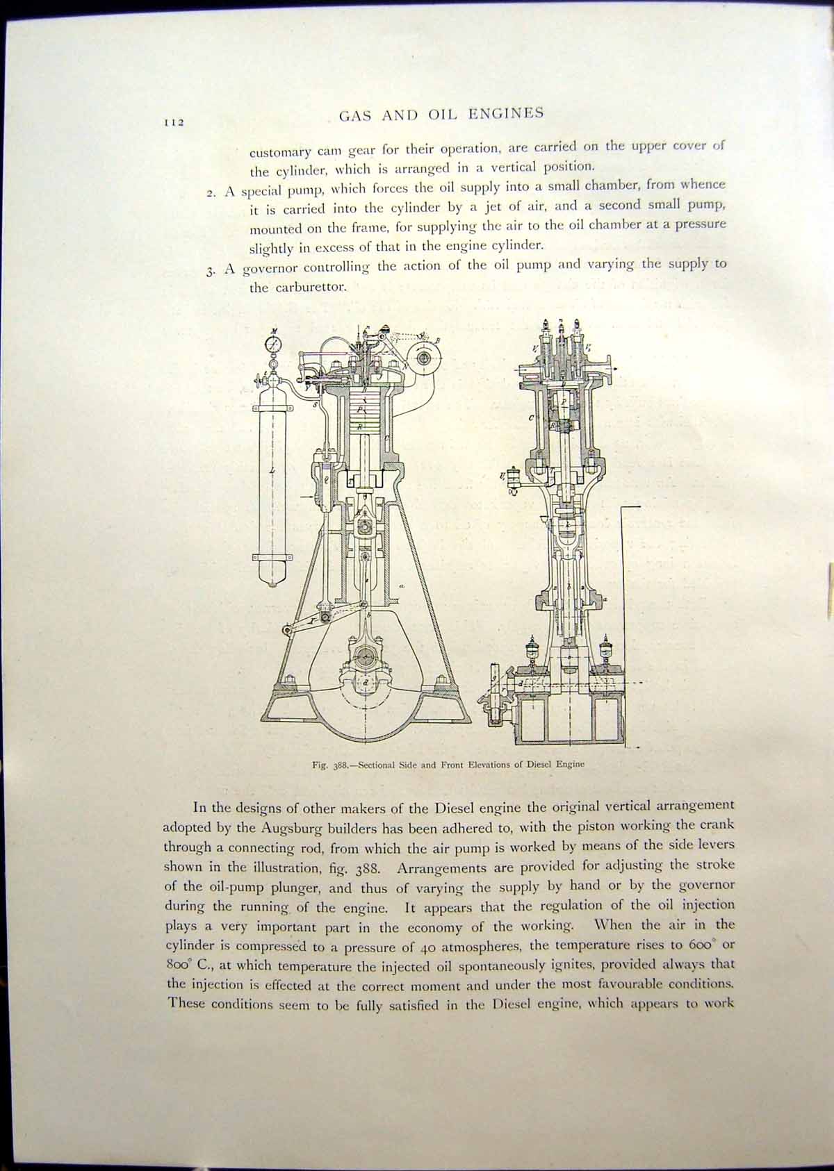 Original Old Antique Print Sectional Side Front Elevations Diesel Engine 1908