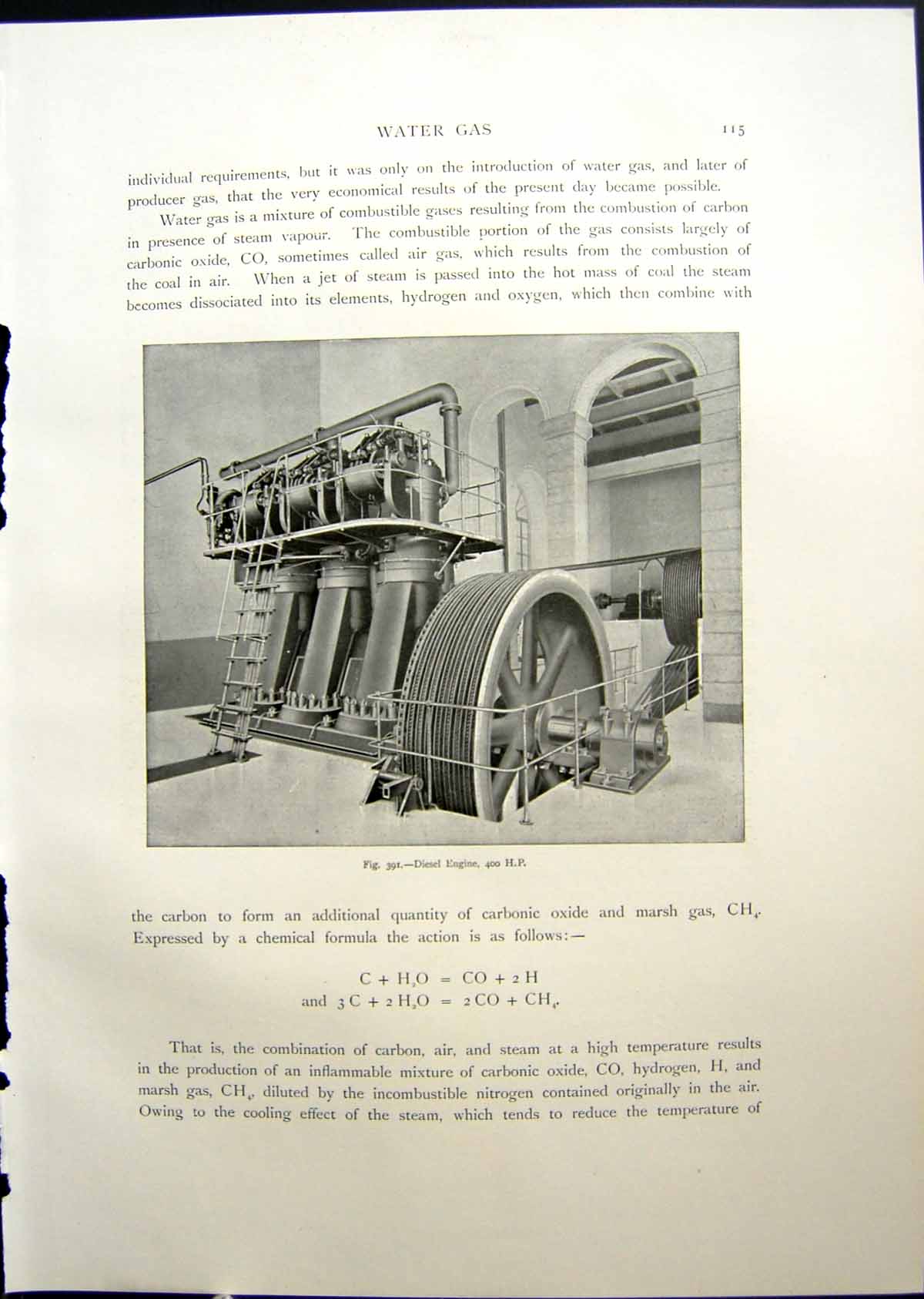 Original Old Antique Print Diesel Engine 400 Hp 1908
